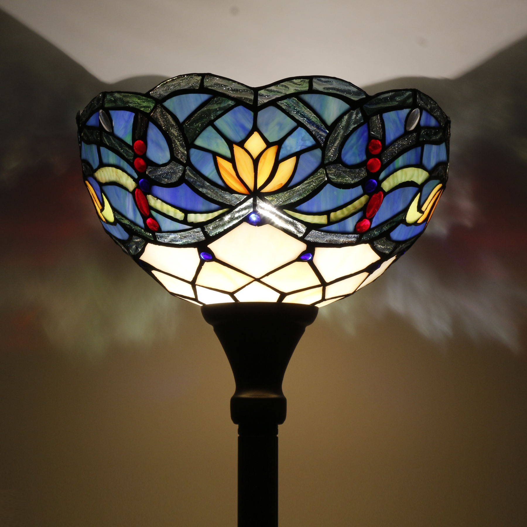WERFACTORY Tiffany Floor Lamp Blue Lotus Flower Stained Glass