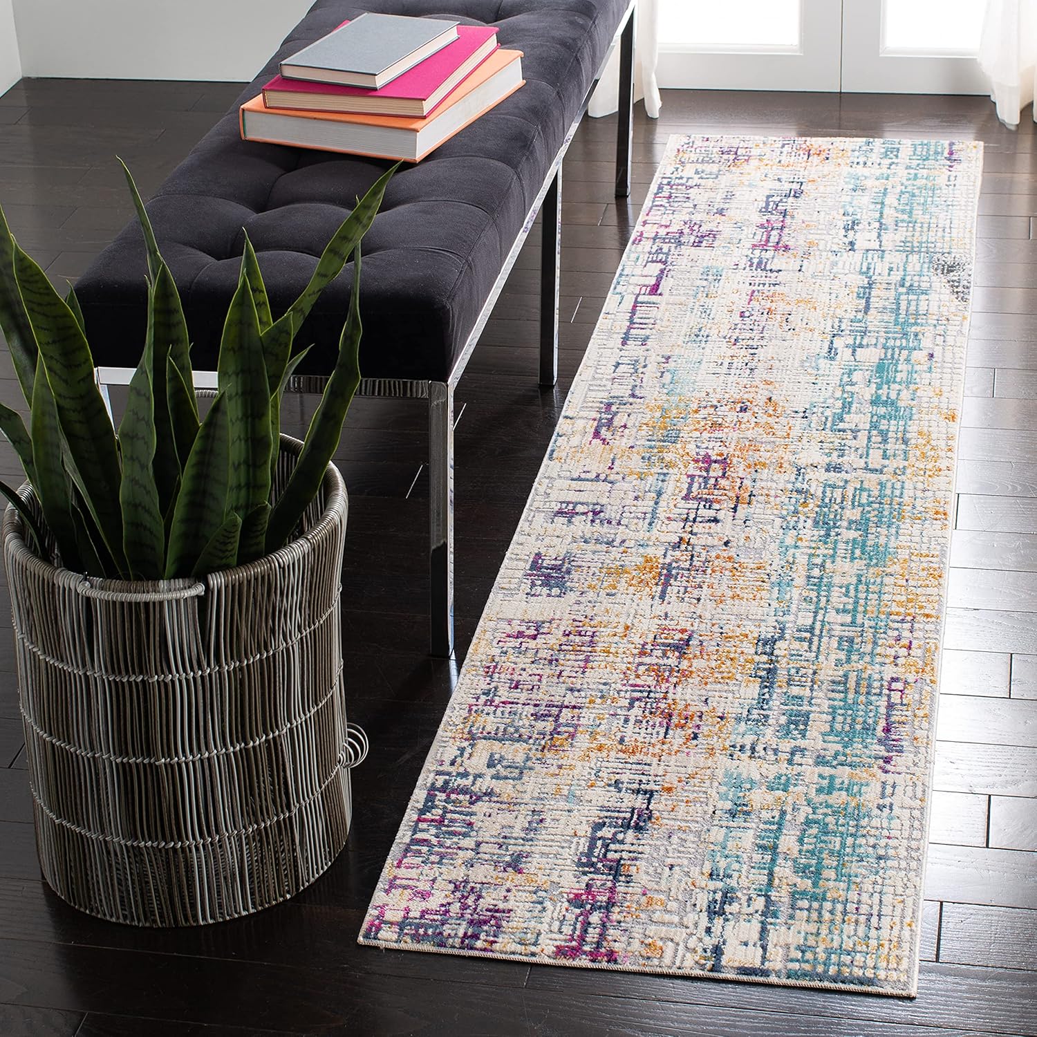 SAFAVIEH Aria Collection Runner Rug - 2' x 8', Ivory & Turquoise, Modern Boho Abstract Design, Non-Shedding & Easy Care, Ideal for High Traffic Areas in Living Room, Bedroom (ARA720A)