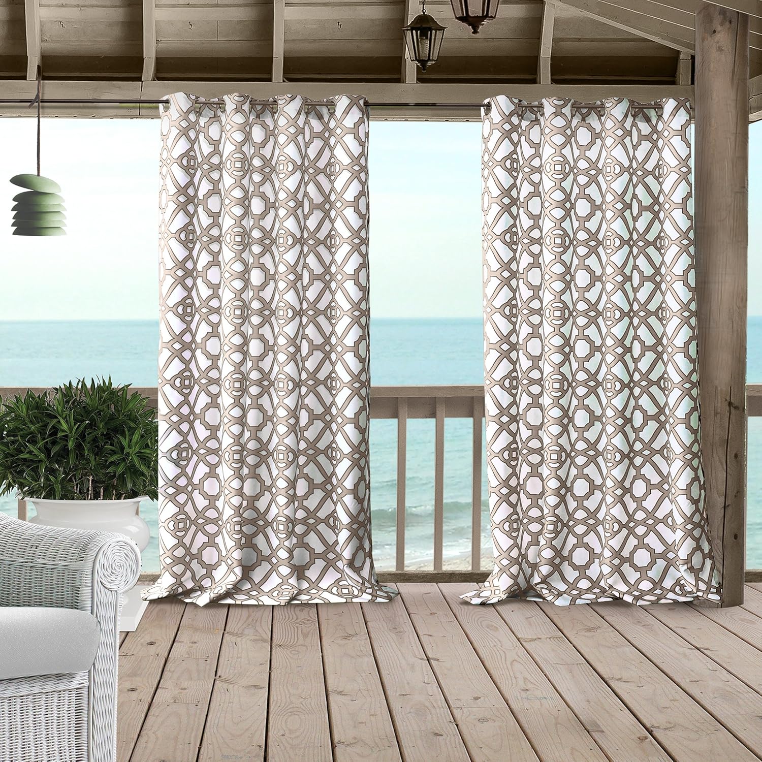 Elrene Home Fashions Marin Indoor/Outdoor Geometric Ironwork Print Grommet Window Curtain Panel for Patio, Pergola, Porch, Deck, and Lanai, 50"x108", Natural