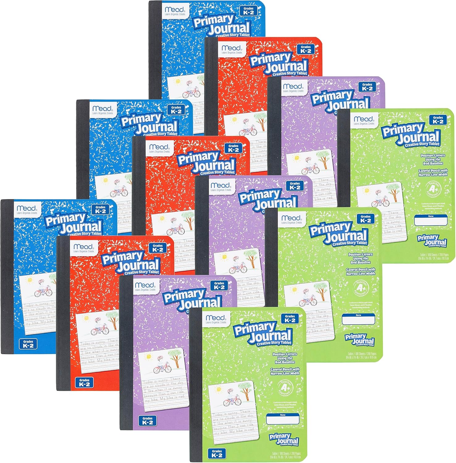 Mead Primary Journal, Half Page Ruled, Grades K-2, 7-1/2" x 9-3/4", 100 Sheets, 12 Pack (610052-ECM) Assorted Pack of 12