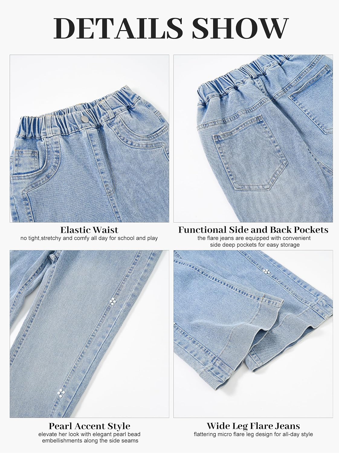 Rolanko Girls Flare Jeans Stretch Denim Pants with Elastic Waist Pull On Y2K Jeans for Kids School Daily 6-14Y