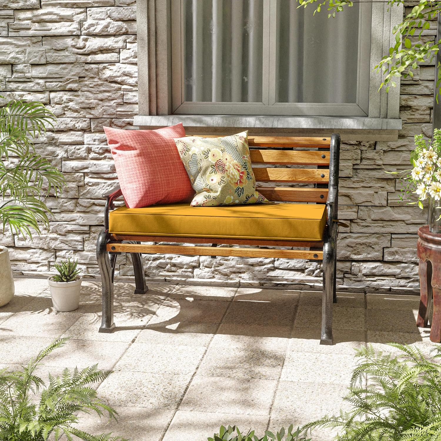 premium outdoor bench cushions for patio furniture 3.5inches memory foam bench cushion waterproof fade resistant porch swing cushions with straps 36×18 inch yellow yellow 36'' x 18'' x 3.5''