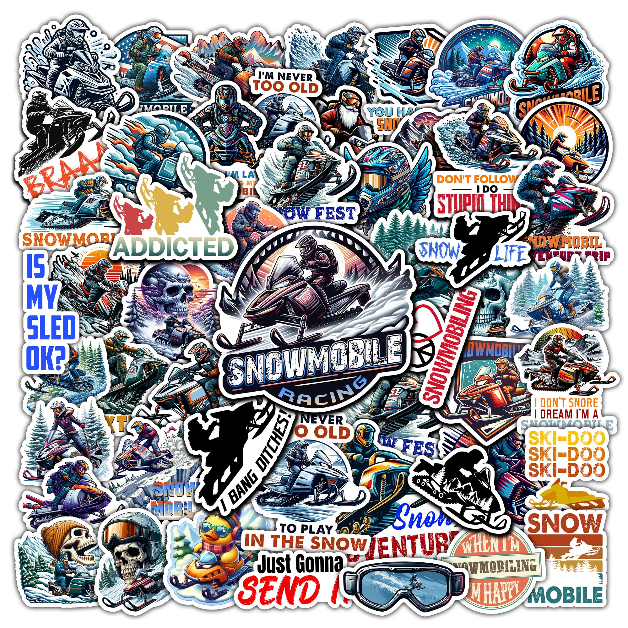 BIGZORO Pack 50 PCS Wilderness Snowmobiling Stickers Print Outdoors Theme Waterproof Snowmobile Vinyl Decals for Teens Adults Sports Lovers Decor