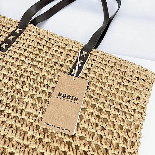 Miniatura 6 de VODIU Bolsos de hombro de paja para mujer, bolso de verano para playa, viaje, gran capacidad, asa de piel sintética, bolsa de comprador