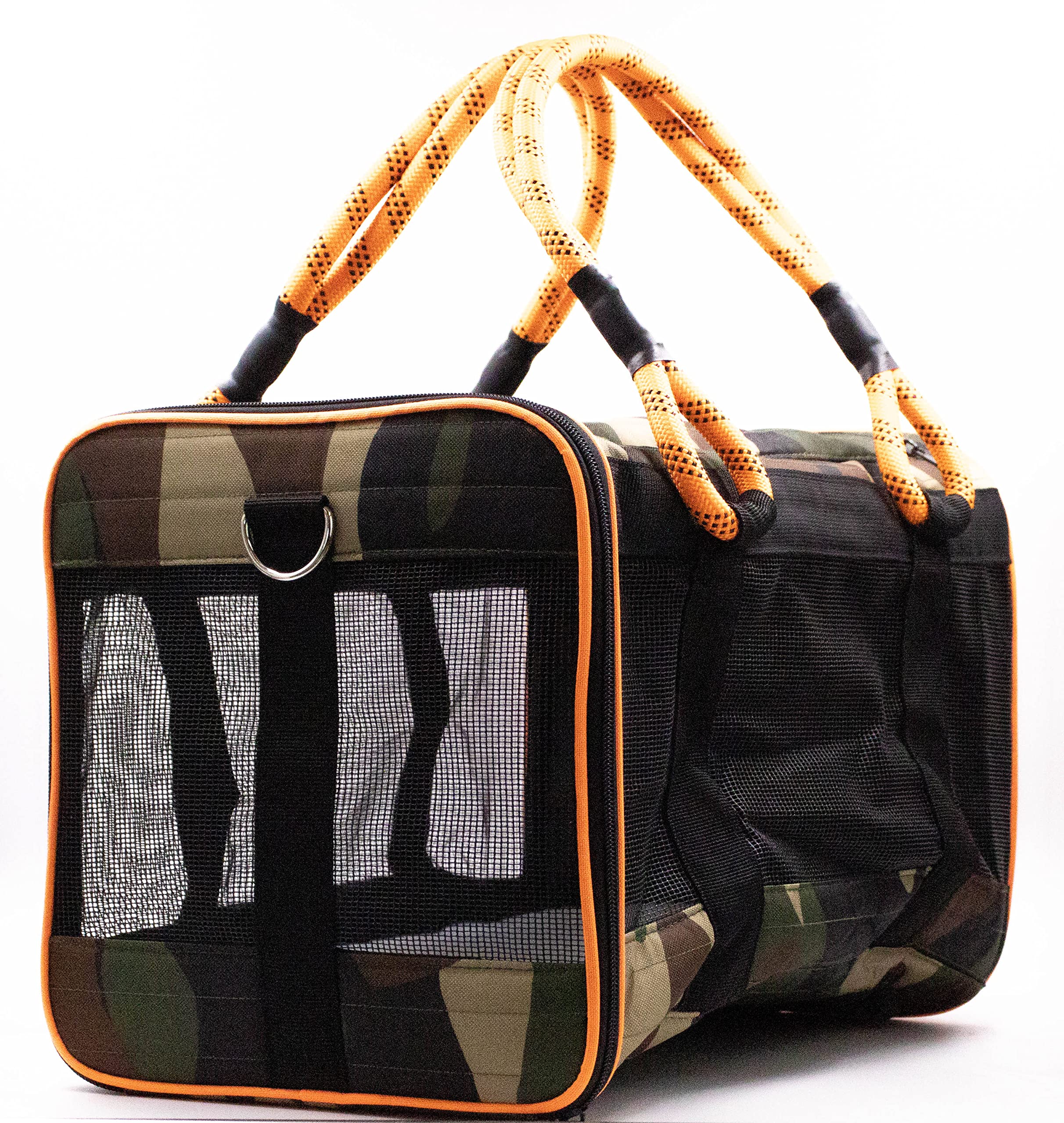 Buddy's Best Transportador de mascotas aprobado por aerolíneas, camuflaje militar y naranja para perro o gato, cabe debajo del asiento, cumple con la TSA, diseño de malla ventilada con base