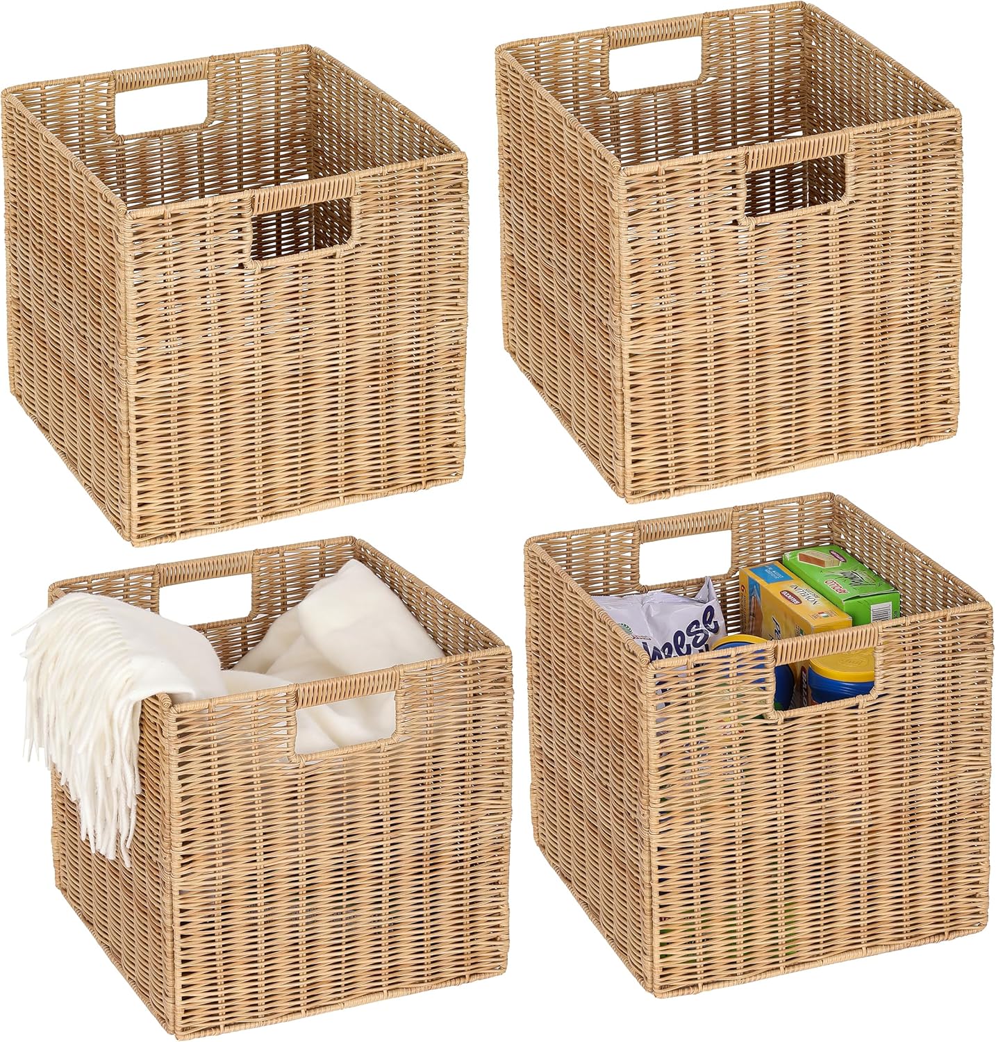 12x12x12inch Plastic Wicker Cube Baskets Large Square Foldable Handwoven Laundry Organizer,Set of 4