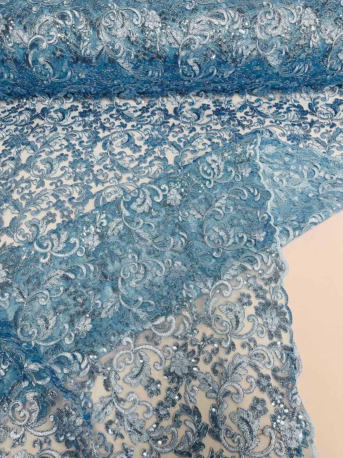 New Creations Fabric & Foam Inc, 54" Wide Michelle Design Metallic Corded Embroider Flowers with Sequins On A Mesh Lace Prom Fabric (Light Blue)