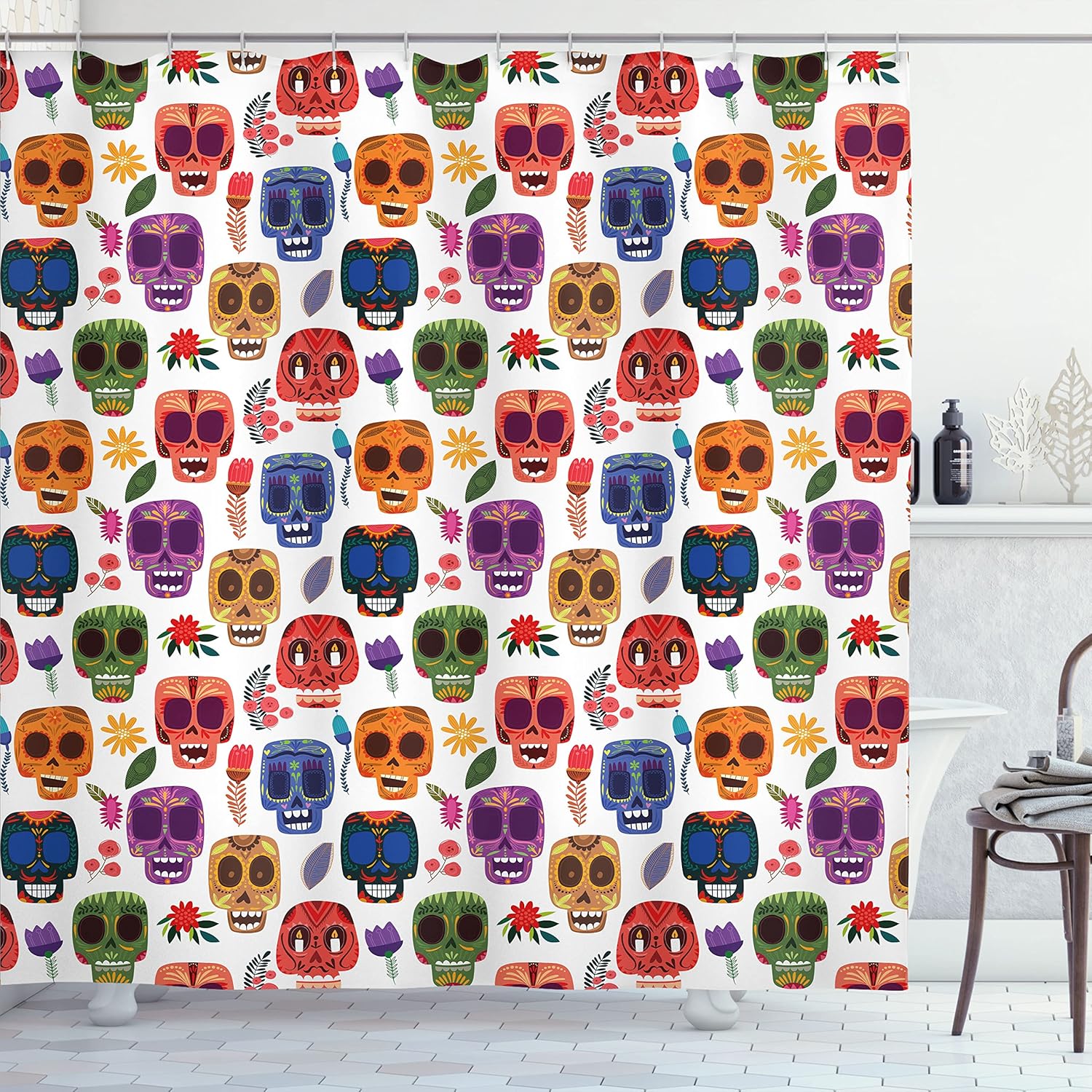 Ambesonne Day of The Dead Shower Curtain, Artwork Wooden Scary Cartoon Funny Details Print, Cloth Fabric Bathroom Decor Set with Hooks, 69" W x 70" L, Multicolor
