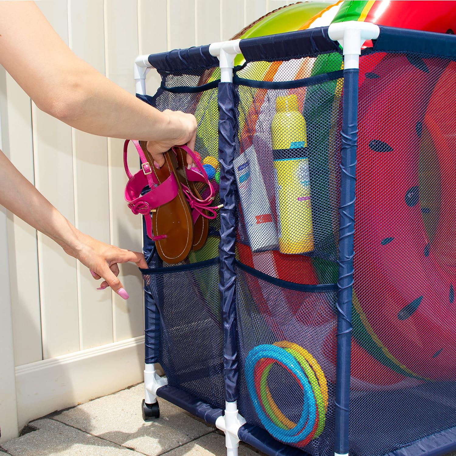 Pool Noodles Holder, Toys, Floats, Balls and Floats Equipment Mesh Rolling Storage Organizer Bin, Extra Large (30.2" L x 47.2" W x 34" H), Blue / White