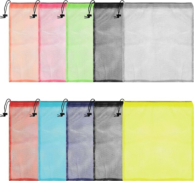 BELLE VOUS Multicoloured Nylon Mesh Drawstring Laundry Bags (10 Pack) - 35.5 x 40cm / 14 x 15.75 inches - Sack Cord Bag for Storage, Travel, Washing, Sports Equipment, Beach, Toys, Golf and Swimming