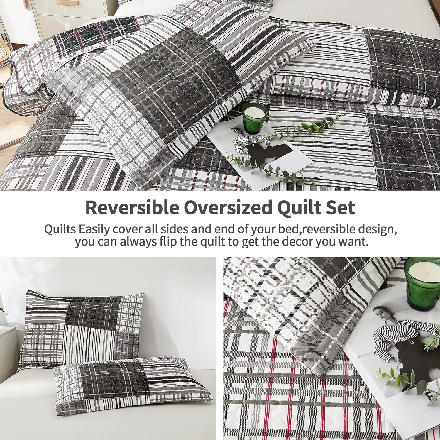 Bedspread Set Queen/Full Size Quilt Set Plaid Bed Spread Coverlet Black White Grey Plaid Patchwork Stripe Modern Quilt Bedspread Bedding Soft Lightweight Reversible Home Mens Quilts for Queen Bed - Image 4
