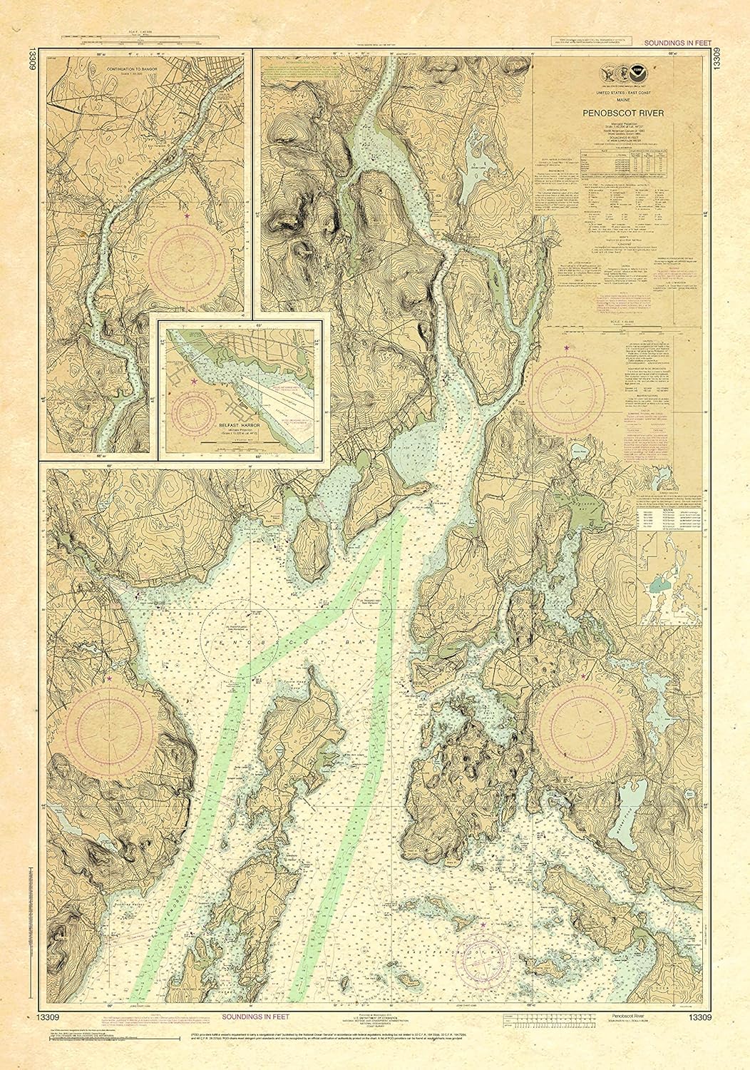 Paradise Cay Publications, Inc. Antiqued NOAA Chart 13309: Penobscot River; Belfast Harbor