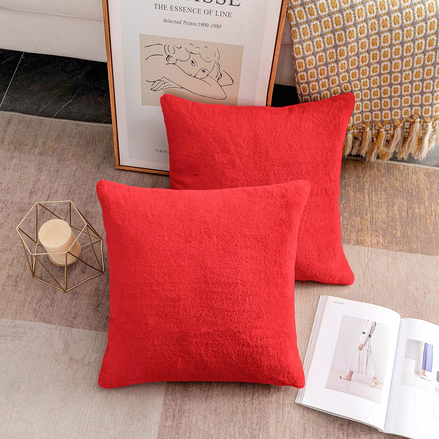 Home Brilliant Pillow Covers 26x26 Faux Fur Throw Pillows for Couch Plush Soft Euro Shams Large Pillow Covers for Bed Sofa Floor, Pack of 2, 26 x 26 inches, Red