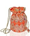 Purpledip Potli Bag (Clutch, Drawstring Purse) For Women With Intricate Gold Thread & Sequin Embroidery Work, Orange Col