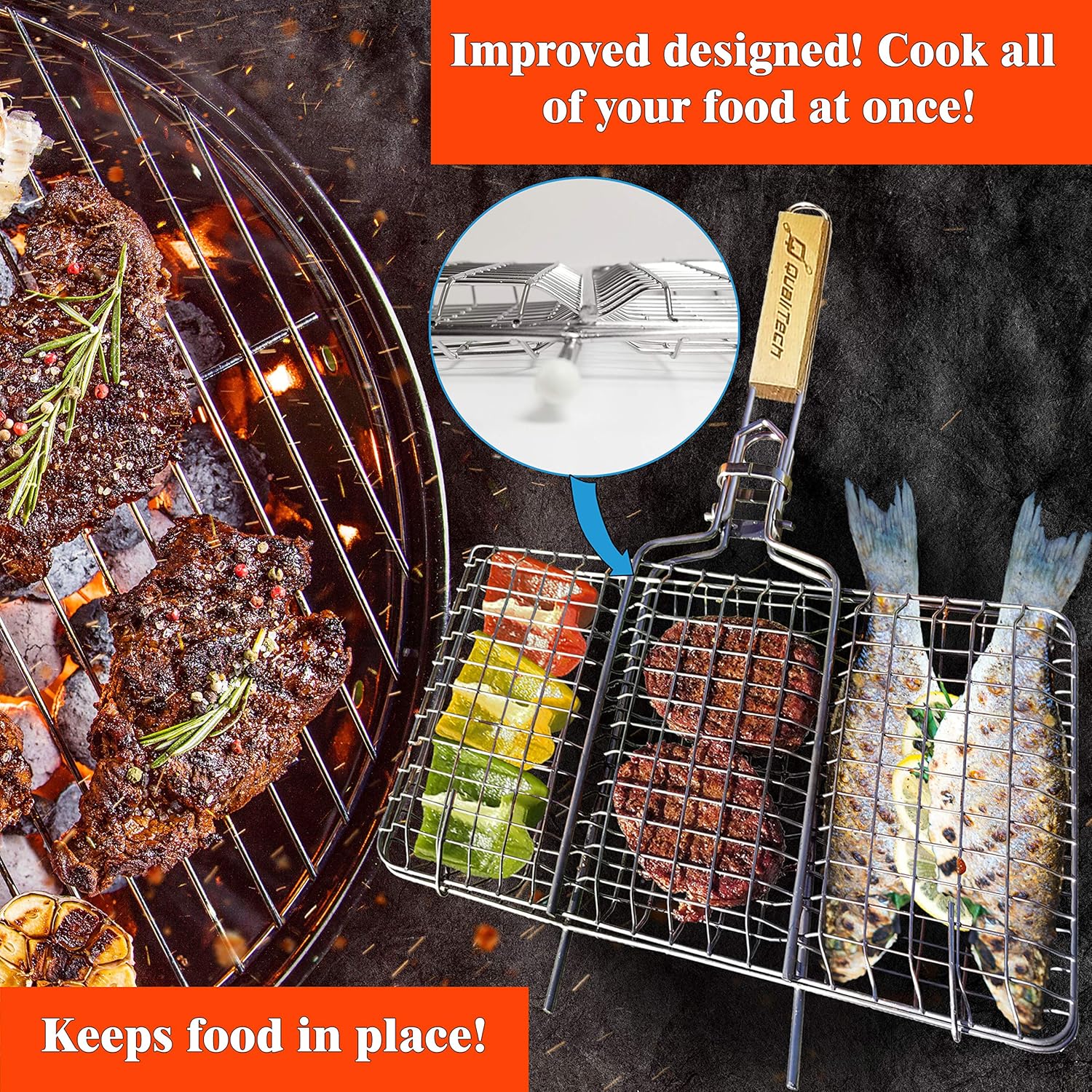 Qualitech Grill Basket 430 Stainless Steel Non Stick Folding BBQ Barbecue Portable Grill Grilling Basket with Removable Handle and Gloves for Shrimp Fish Steak Chicken Wings Meat Vegetables Veggies : Patio, Lawn & Garden