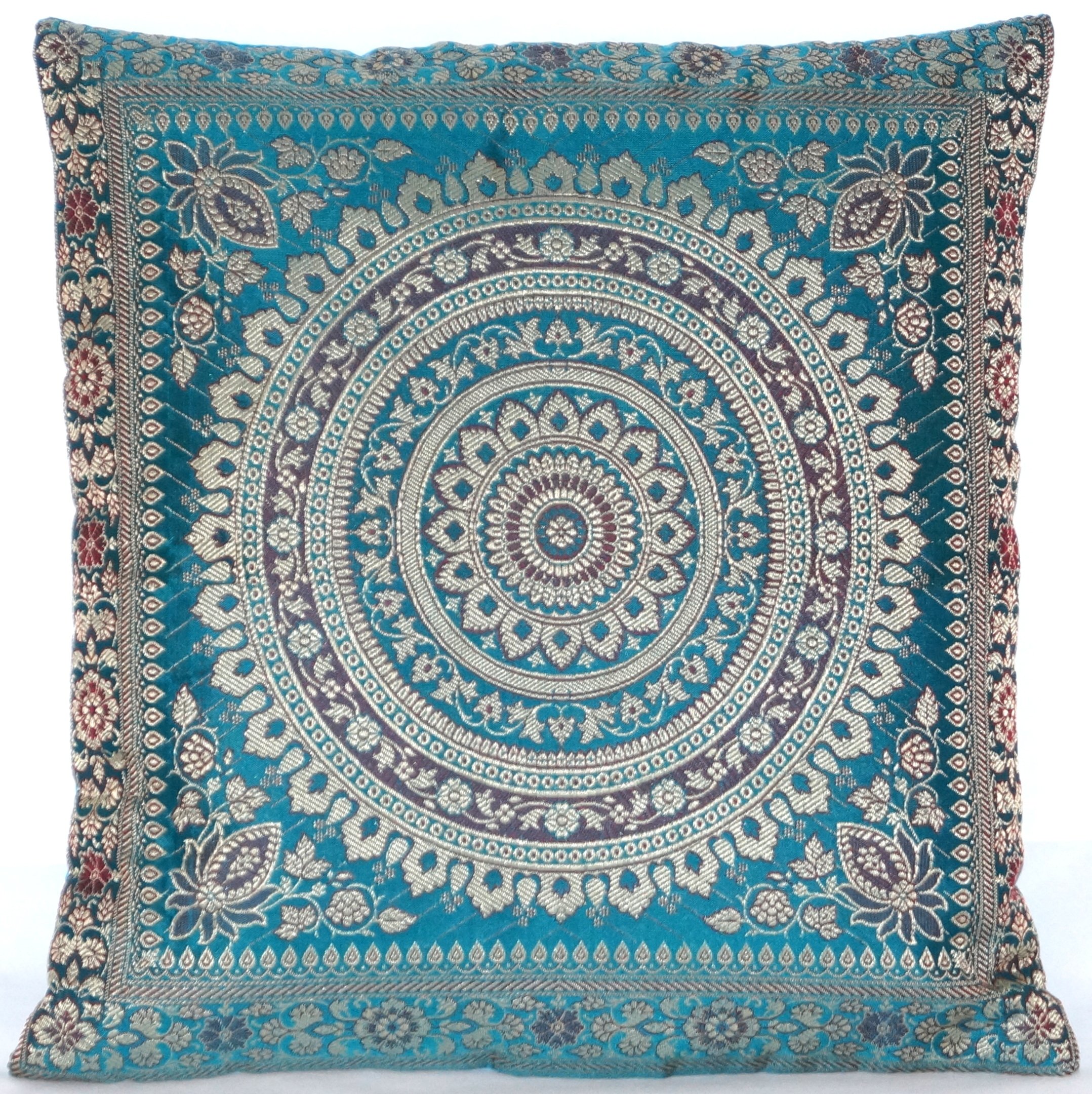 Fodera per cuscino in seta Banarasi dall'India, per la decorazione, 40cm x 40 cm (16x16), disegno Extravaganza, fatto a mano dal Kashmir, India
