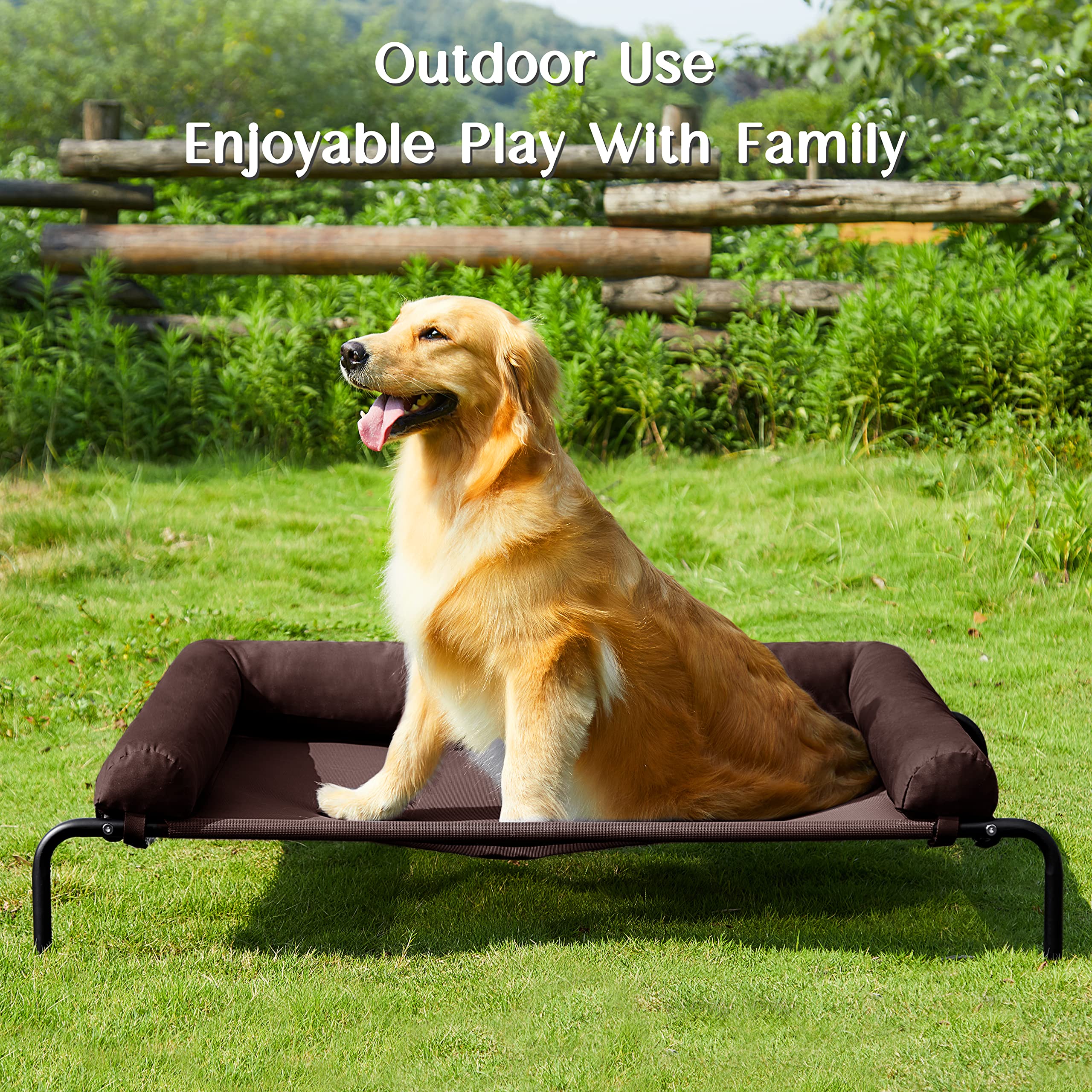 Western Home Elevated Dog Bed Cot, Raised Outdoor Dog Bed with Bolster for Large Dogs, Slightly Chew Proof Portable Cooling Pet Cot with Breathable Mesh, Skid-Resistant Feet, Brown, 43 inches