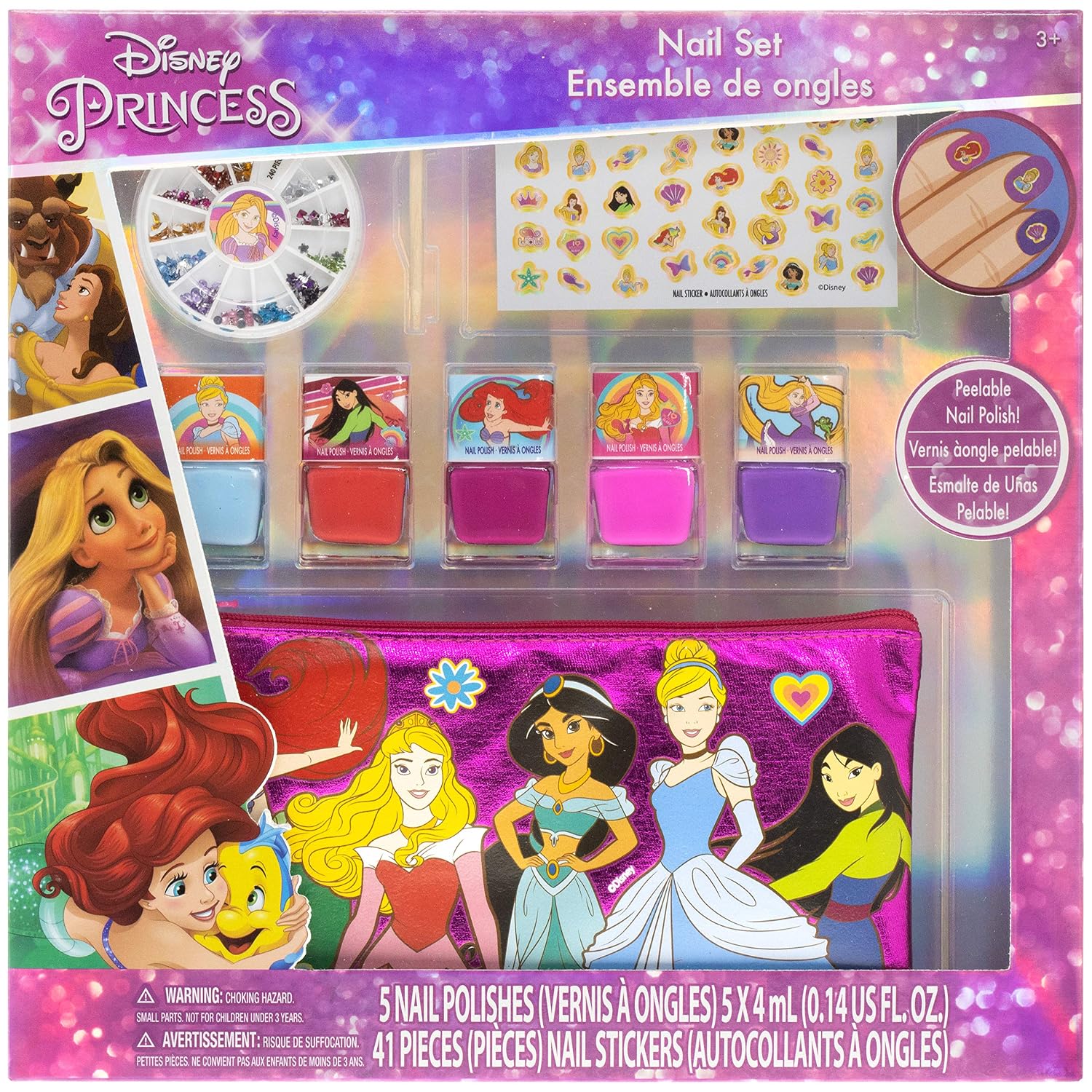 Disney Princess - Townley Girl Non-Toxic Peel-Off Quick Dry Nail Polish Activity Set for Girls, Ages 3+ With 5 Nail Polish Colors, 240 Nail Gems, and Bag, for Parties, Sleepovers and Makeovers