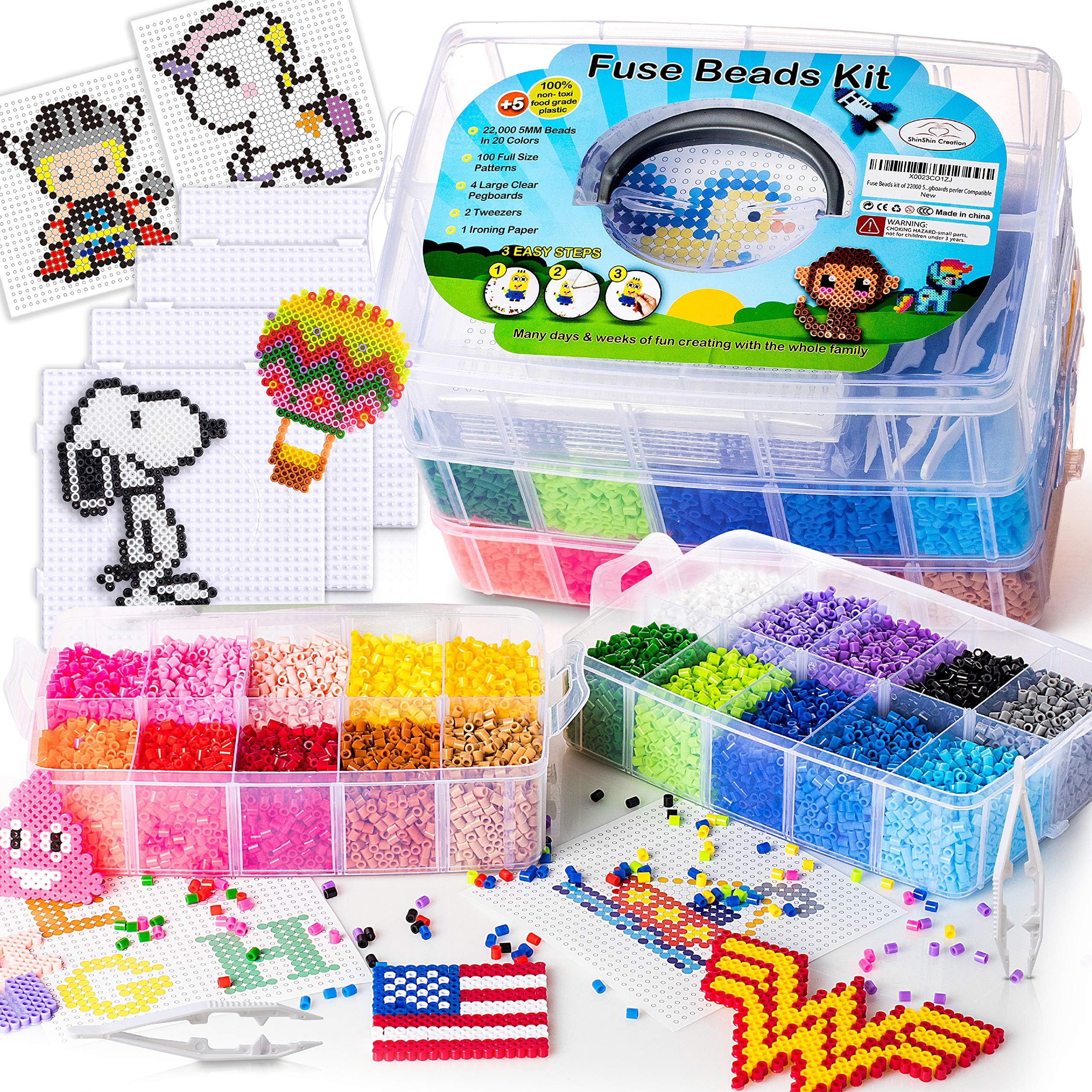 XXL Fuse Beads kit, Melty Melting Beads for Kids Crafts | Iron for Kids kit - Fuse pegboards. Compatible Bulk beados Storage - 22000pcs 5mm