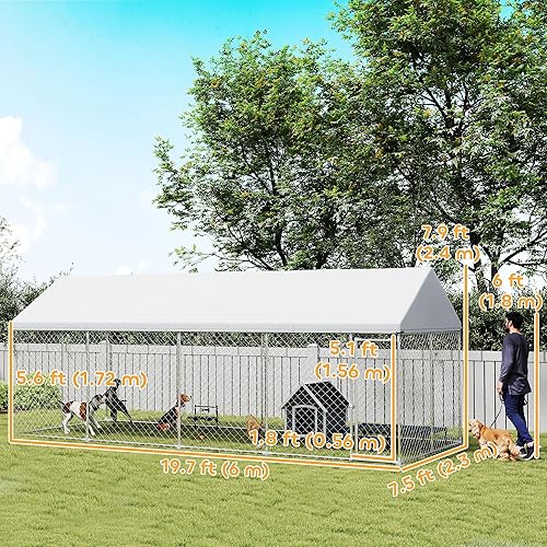 Miniatura 16 de PawHut Perrera para perros al aire libre, 20 x 7.5 x 5.2 pies, perrera grande resistente para dos habitaciones exteriores con techo impermeable