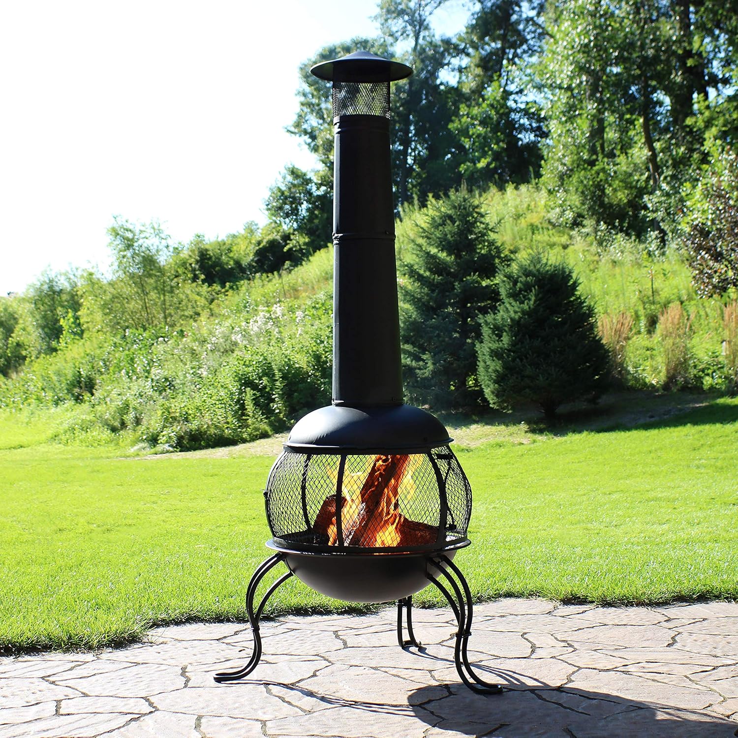 66" Black Steel Wood-Burning Outdoor Chiminea with Rain Cap