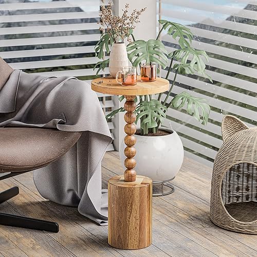 Mesa auxiliar de pedestal de granja, mesa de bebida de madera rústica con base, mesa redonda de Martini para espacio pequeño, sala de estar,