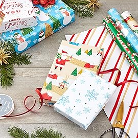 Hallmark Reversible Christmas Wrapping Paper (3 Rolls: 120 sq. ft. ttl) Rustic Santa, Papercraft Snowmen, Candy Canes, Stripes, Snowflakes, Merry Christmas to You
