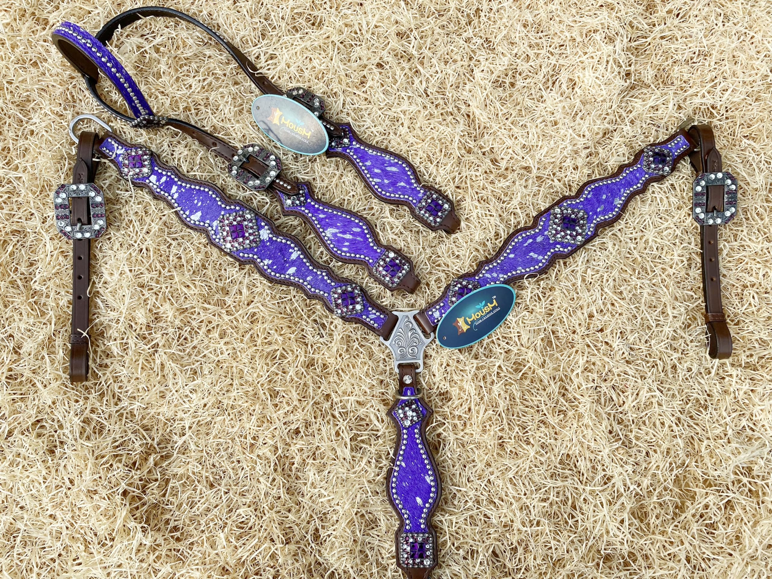 Ensemble Têtière Et Collier De Poitrine Western Pour Cheval - MOUSM - Bleu Turquoise Et Marron - Cuir