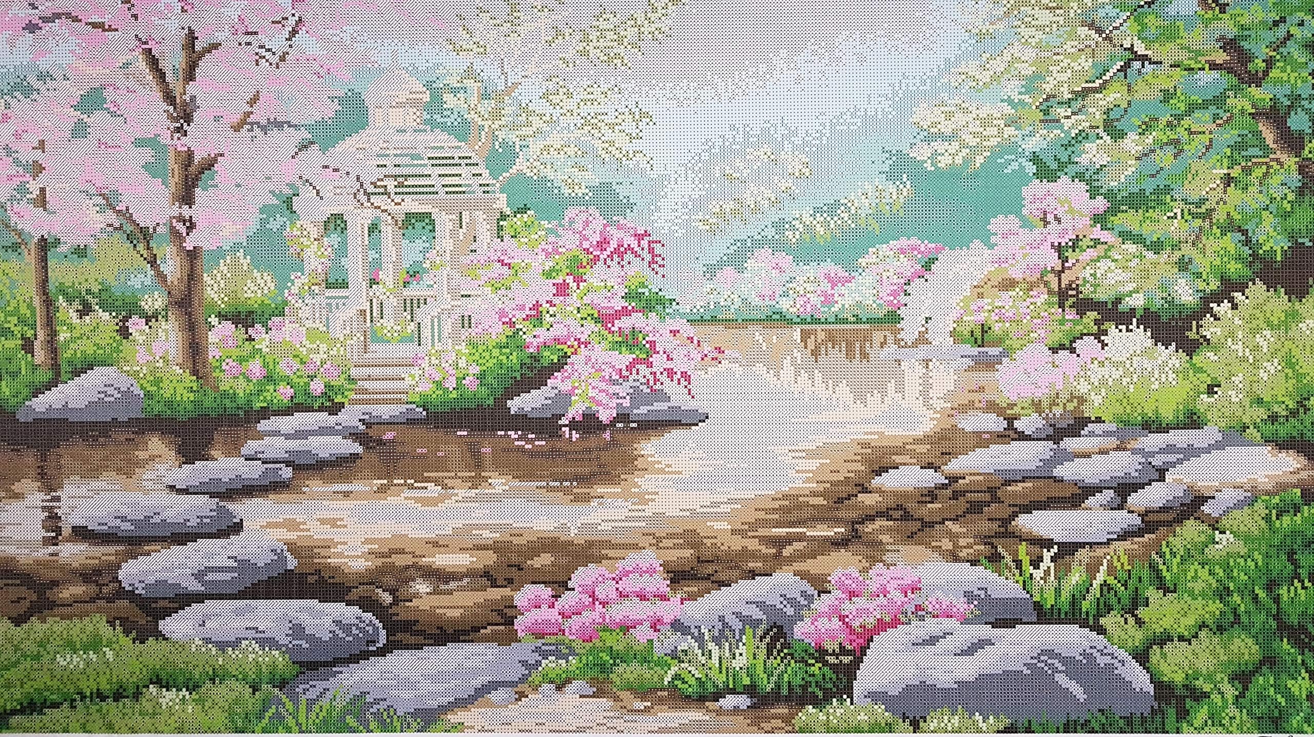 Large Bead Embroidery Needlepoint Tapestry KIT Spring Landscape Beaded Stitching Handcraft kit Beaded Cross Stitch kit Blooming Garden