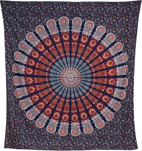 Miniatura 106 de Tapiz hippie indio bohemio psicodélico dorado mandala de pavo real azul dorado para colgar en la pared (dorado floral, individual (54 x 72 pulgadas)