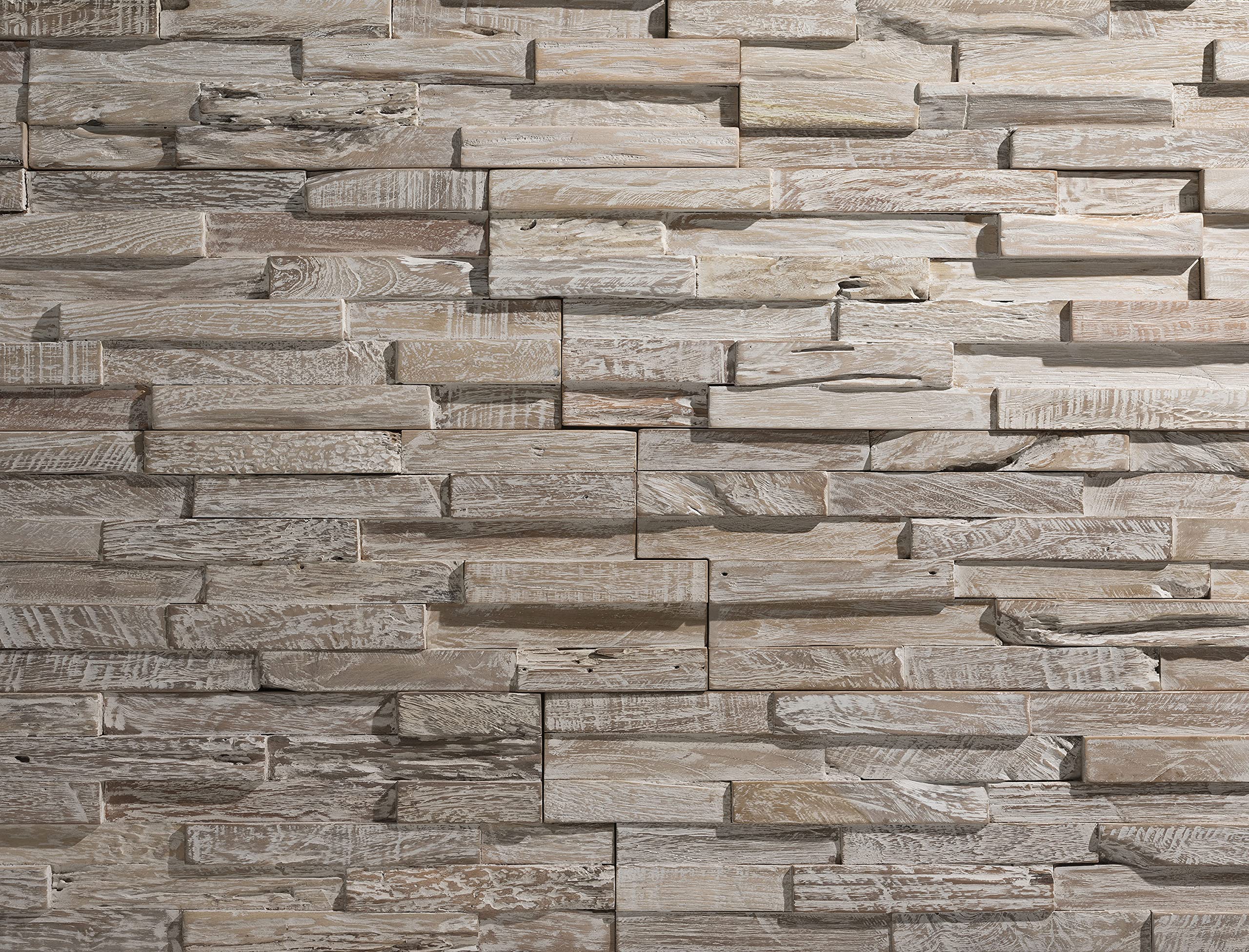 3D Reclaimed Teak Wood Wall Panels - Whitewash UltraWood Wall Covering for Feature Walls - Modern Wallpaper Alternative - Easy DIY Installation - 10-Pack