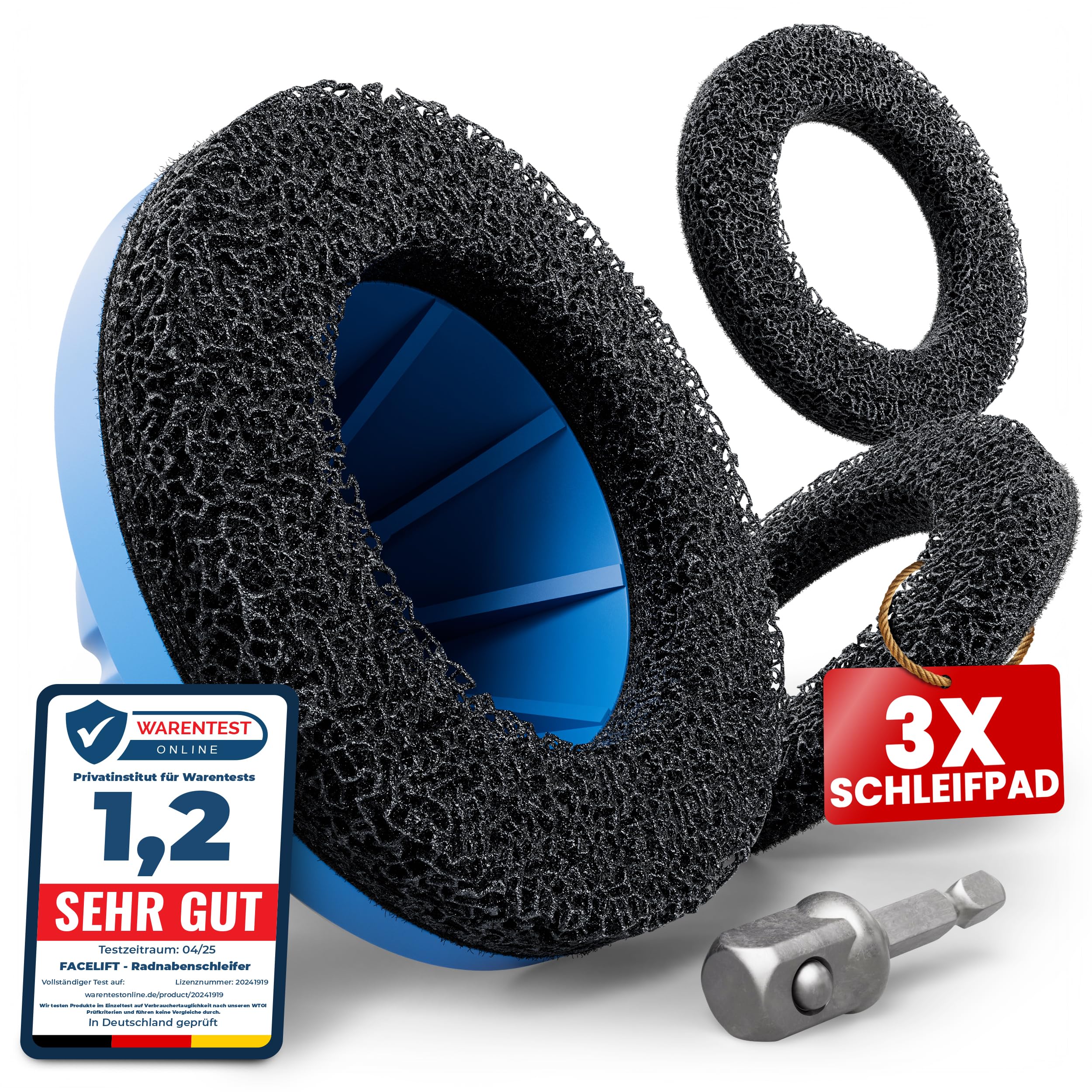 FACELIFT Radnabenschleifer Ø150mm – inkl. Schleifpad, Adapter & Tasche – für saubere Radaufnahme & festen Felgensitz – ideal beim Radwechsel am Auto oder Werkstatt (3x Schleifpad, 150mm, 20, Mittel)