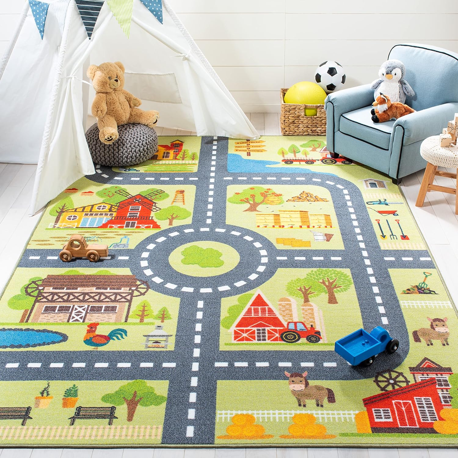 SAFAVIEH Washable Rug Kids Playhouse Collection - 6'7" x 9', Light Green & Dark Grey, Slip Resistant & Easy to Clean, Ideal for Kids Room, Playroom, Nursery, Boys & Girls Room (KPH232Y)