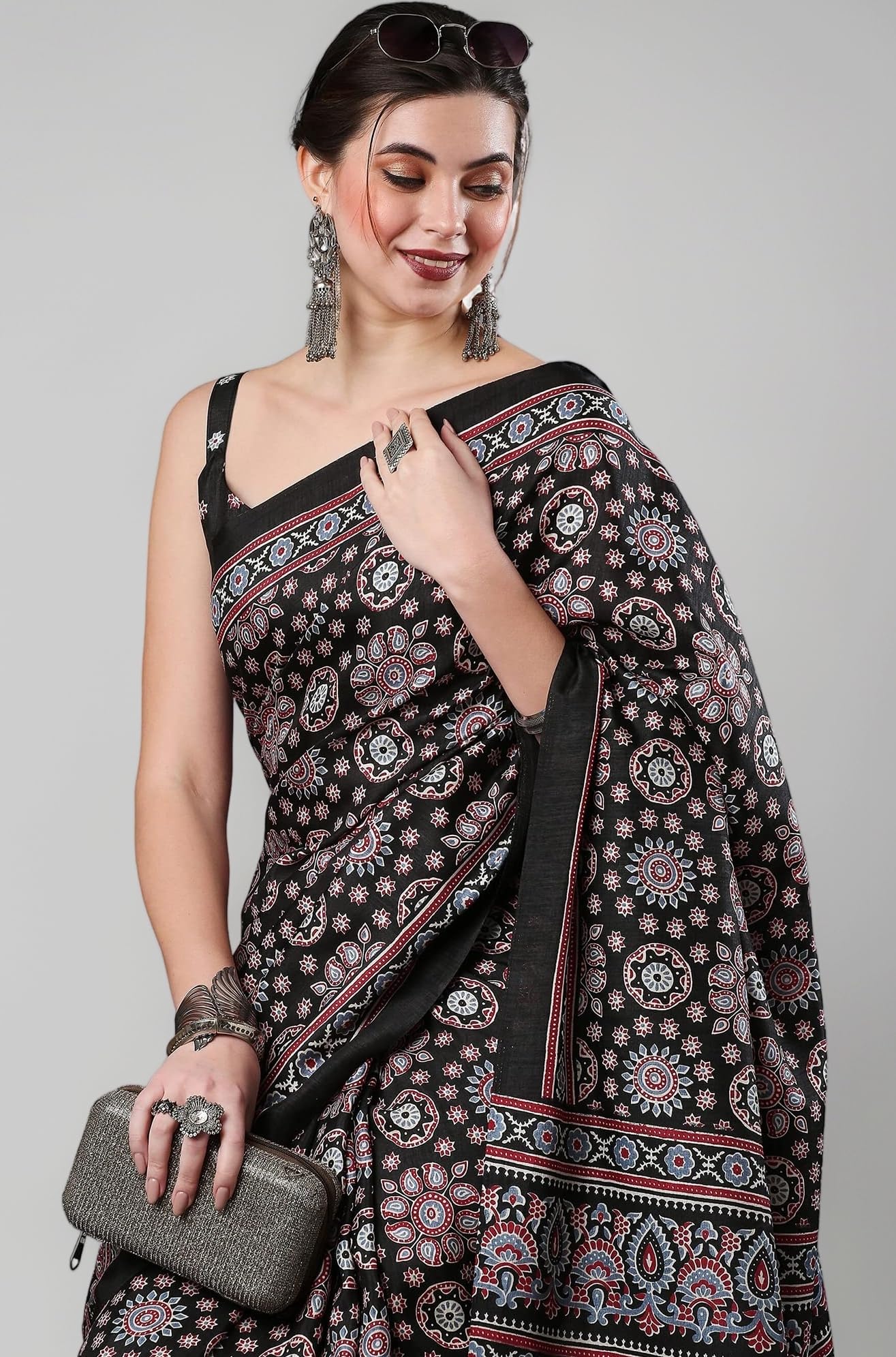 SAREE MALL Women's Ajrak Block Print Dola Silk Saree With Unstitched Blouse Piece