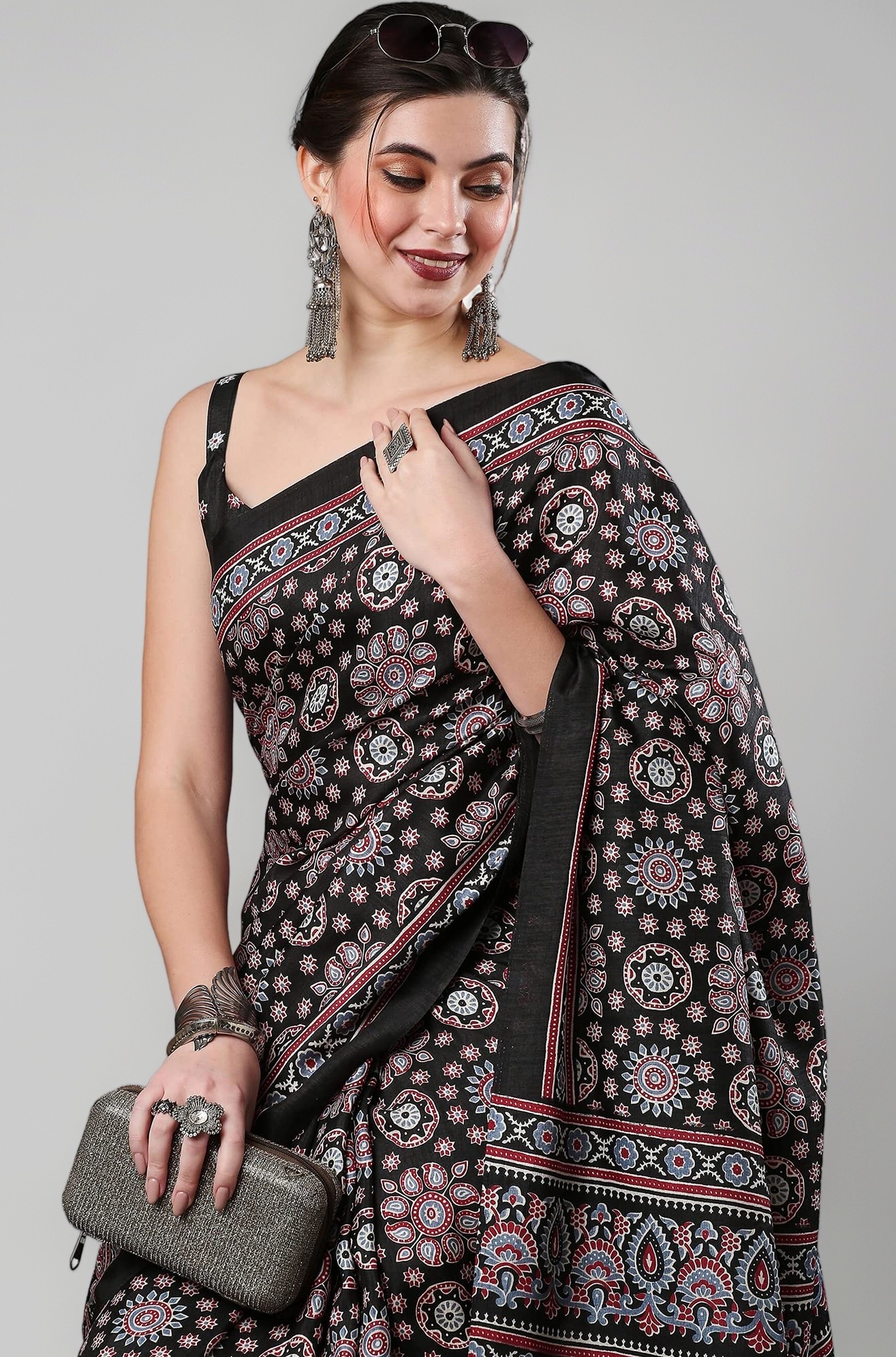SAREE MALL Women's Ajrak Block Print Dola Silk Saree With Unstitched Blouse Piece