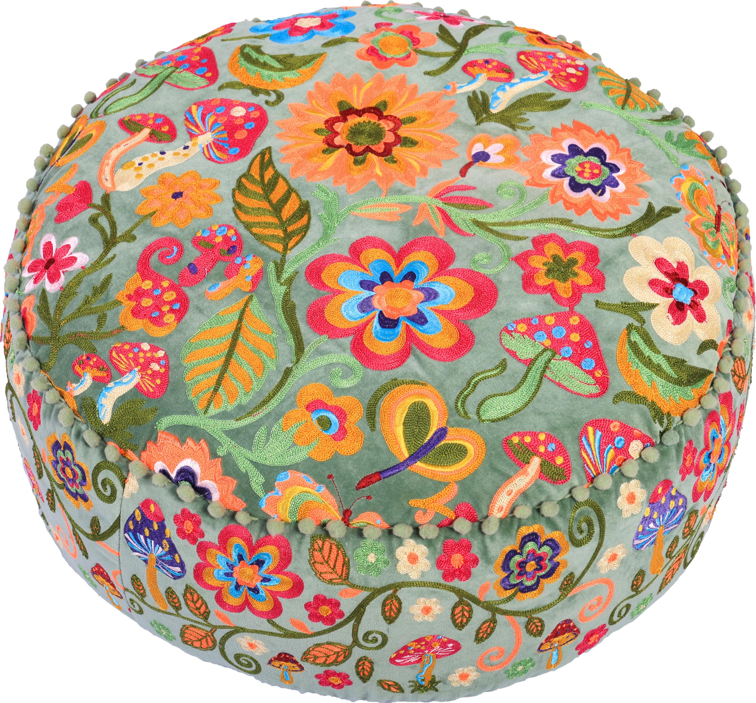 Mandala Life ART 70s Retro Mushroom Pouffe Cover – Embroidered Velvet Round Floor Footstool Cover 60x20 cm (Unstuffed), Groovy Flower & Butterfly Pouf for Boho, Cottagecore & Hippie Décor — image 1