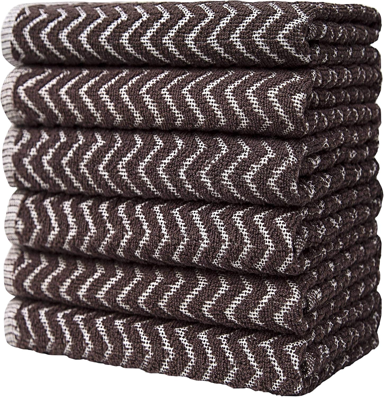 Bumble Premium Kitchen Towels (16”x 26”) Chocolate Chevron Design | Soft, Highly Absorbent with Hanging Loop | Natural Ring Spun Cotton | Large Kitchen Hand Towels | Tea Towels Set | 390 GSM - 6 Pack