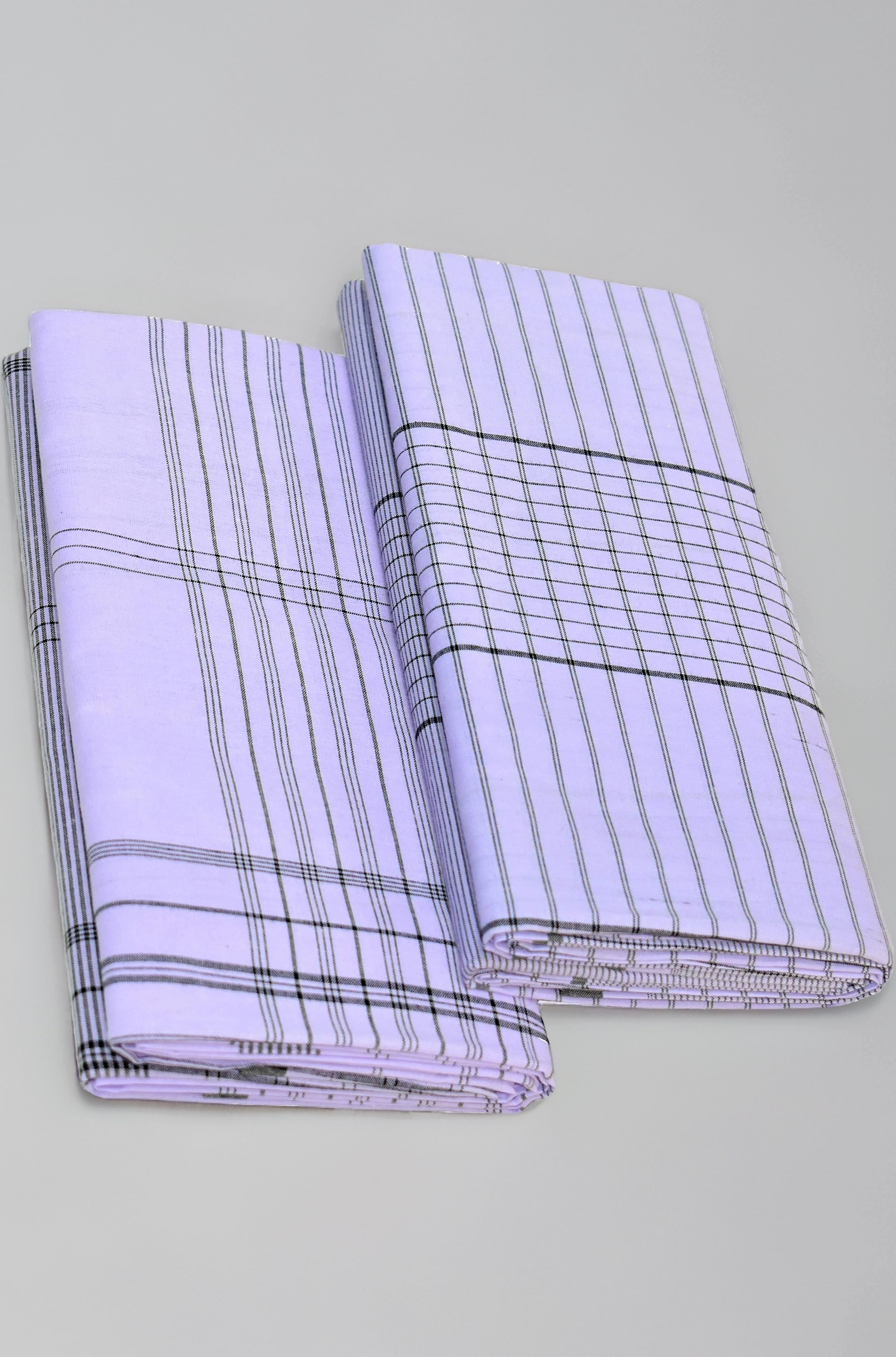 TUNI MANI Men's Stitched Cotton Lungi | White | 2.10m; Free Size (Pack of 2) |