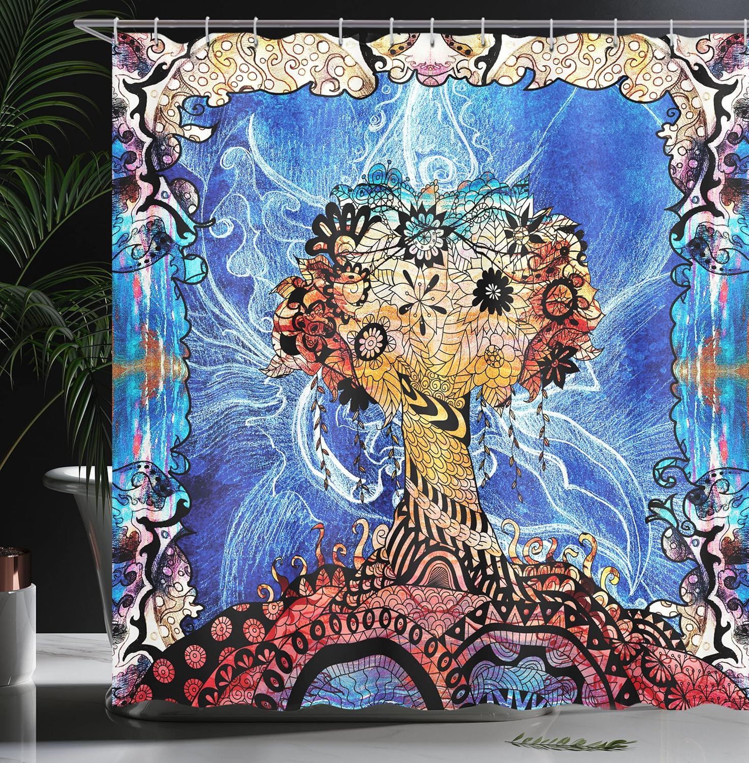 Ambesonne Trippy Shower Curtain, Indie Style Sketchy Retro Tree with Flower Forms on Paisley Backdrop Abstract Image, Cloth Fabric Bathroom Decor Set with Hooks, 69" W x 70" L, Blue Brown
