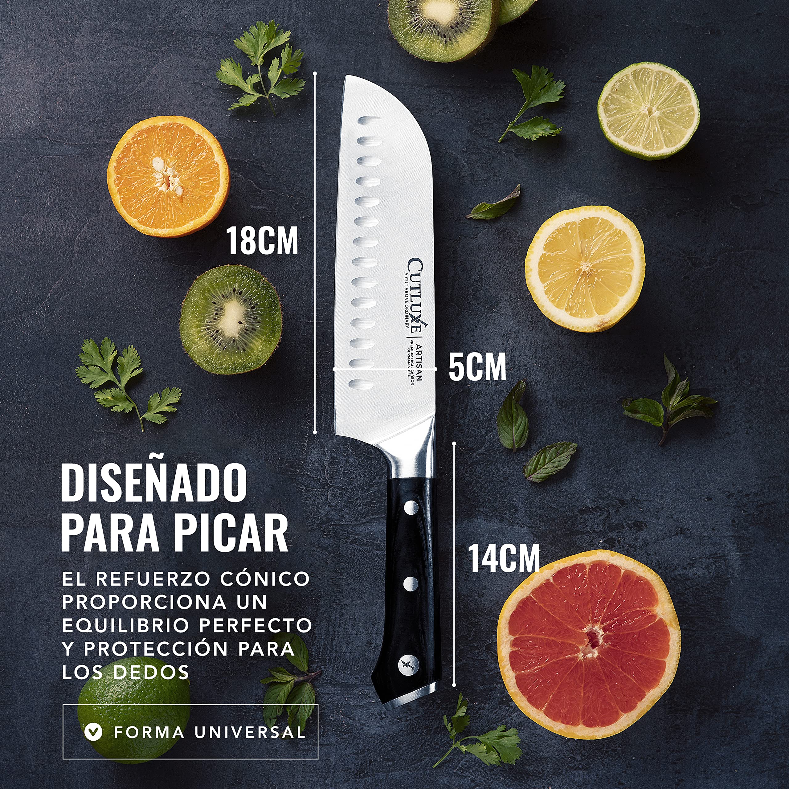 Cutluxe Cuchillo Santoku – 18 cm Cuchillo Profesional de Chef Con Funda– Acero Alemán con Alto Contenido de Carbono – Cuchilla Afilada y Espiga Completa – Diseño de Mango Ergonómico – Serie Artesano