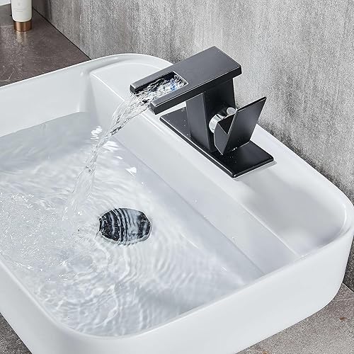 Miniatura 4 de Kyatinsal Grifo de lavabo de baño con luz LED para 1 agujero, cascada, color negro, una manija, grifos de tocador de baño para fregaderos con