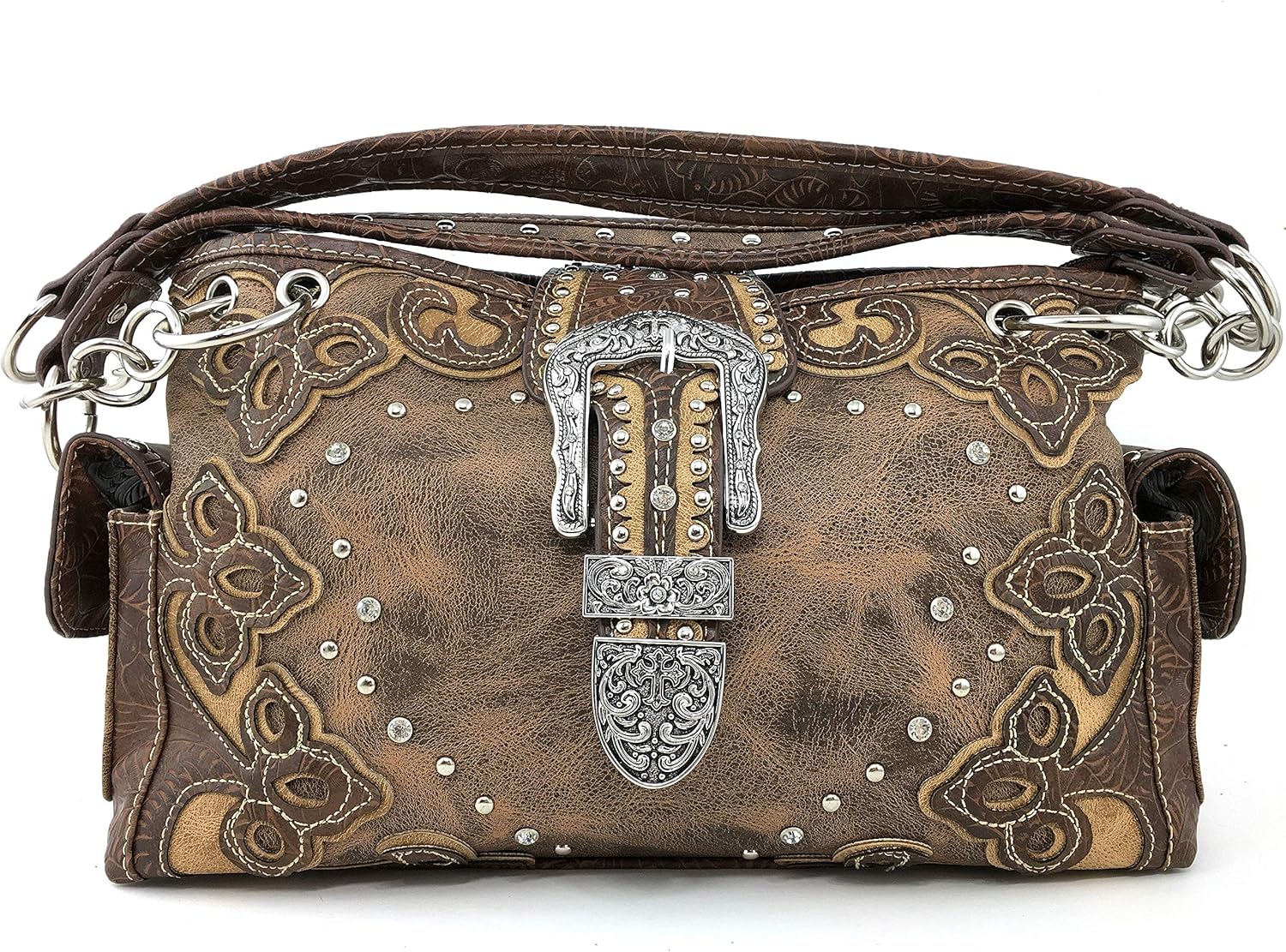 Justin West Concealed Carry Silver Buckle Embroidered Flower Vine Leaf Handbag