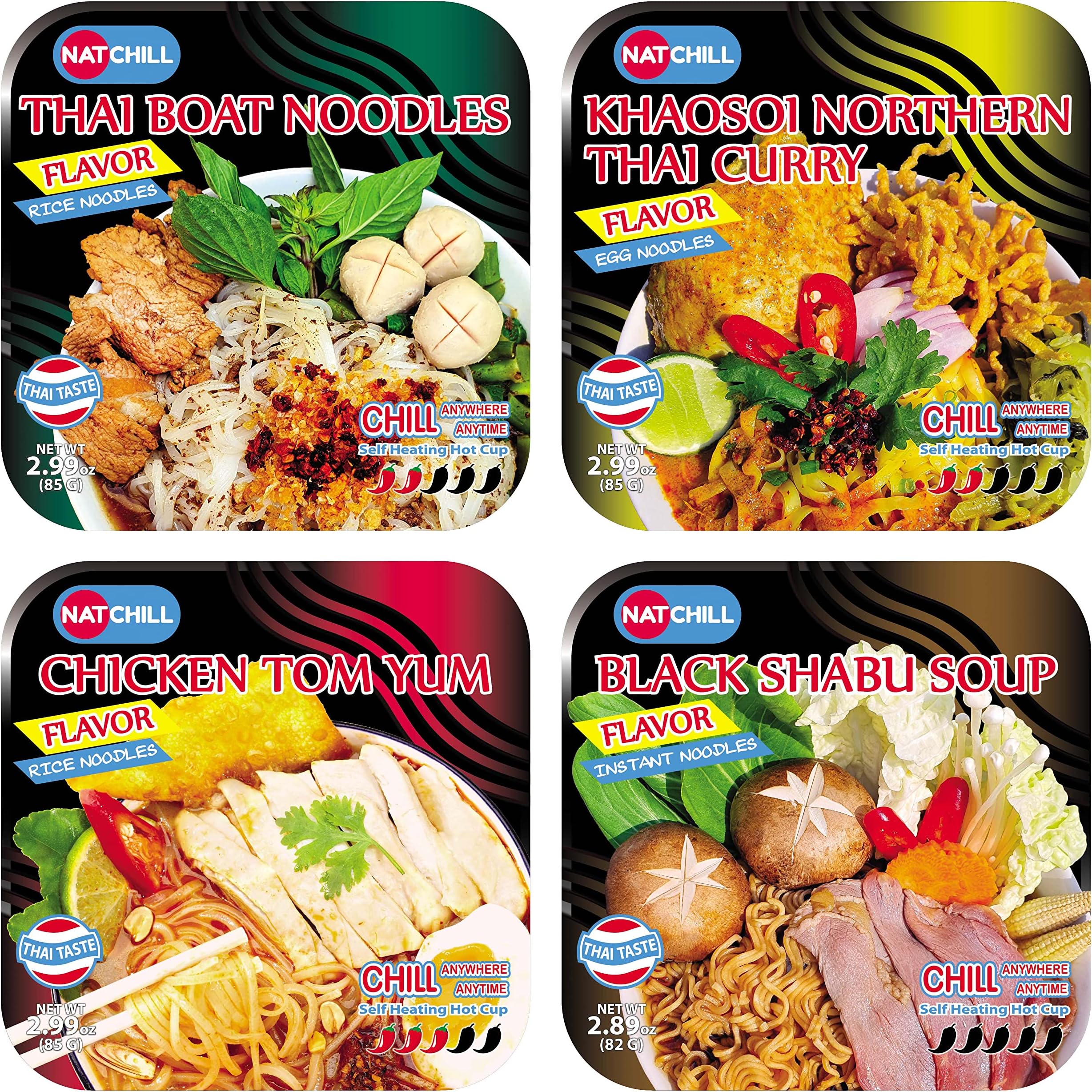 Natchill Thai Noodles Soup Bowls Self Heating Ramen Cup Mixed Flavor Variety Pack, (11.96 Oz, 4 Pack)