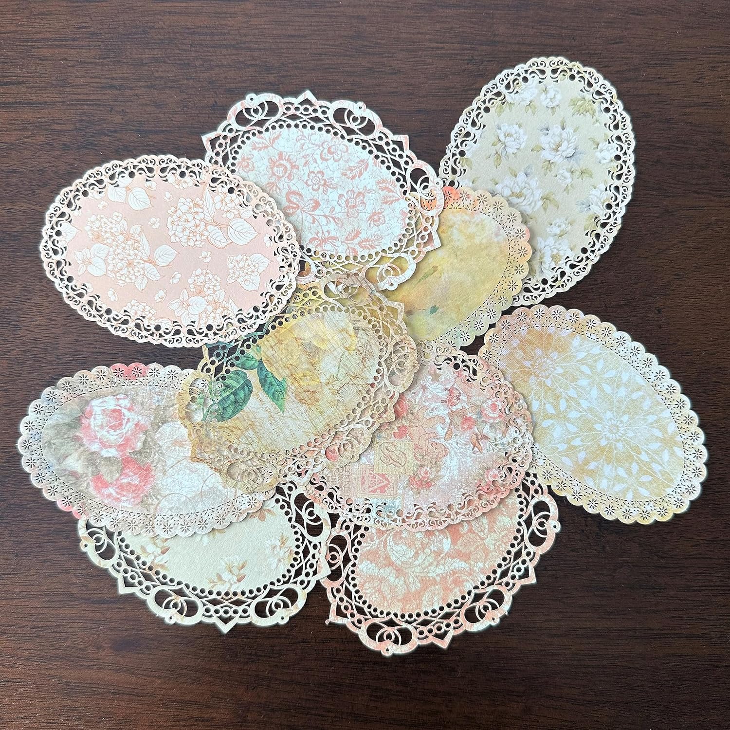 XERE 20 Yellow Lace Paper Scrapbook Supplies, Aesthetic Cute Vintage Decor for Photo Album, Sketch Book, Gratitude Journal Notebook, Scrapbook Album, Diary, Bullet Journal – Oval Paper Lace