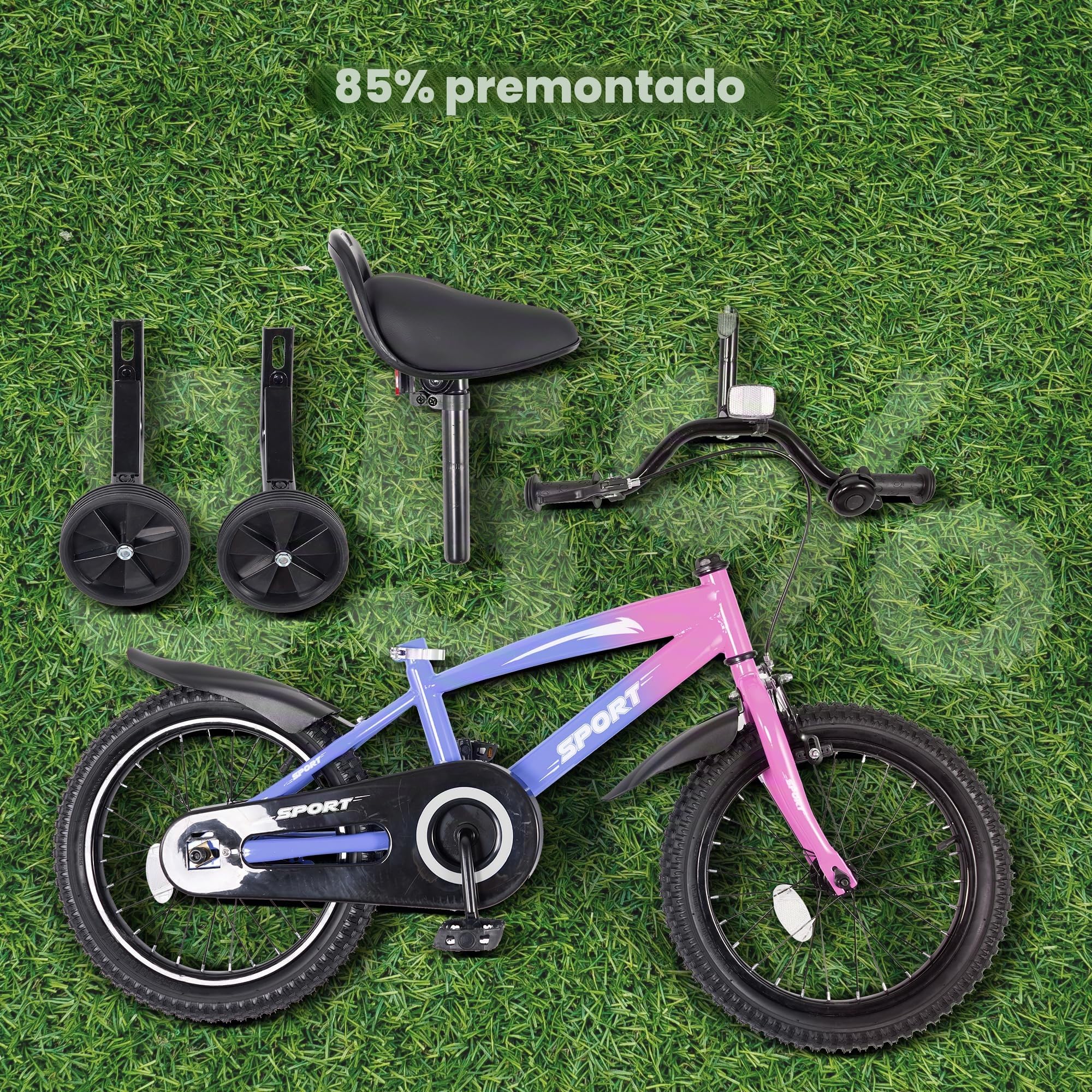 BODIOO Bicicleta infantil de 14 pulgadas, bicicleta para niños y niñas con ruedas estabilizadoras, marco estable, asiento ajustable, freno de contrapedal y freno de mano, adecuado para ciclistas de 94