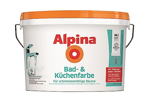Alpina Bad- und Küchenfarbe in weiß matt – Anti-Schimmel Wandfarbe für Feuchträume – ergiebig, gut deckend & reinigungsfähig – 1 Liter