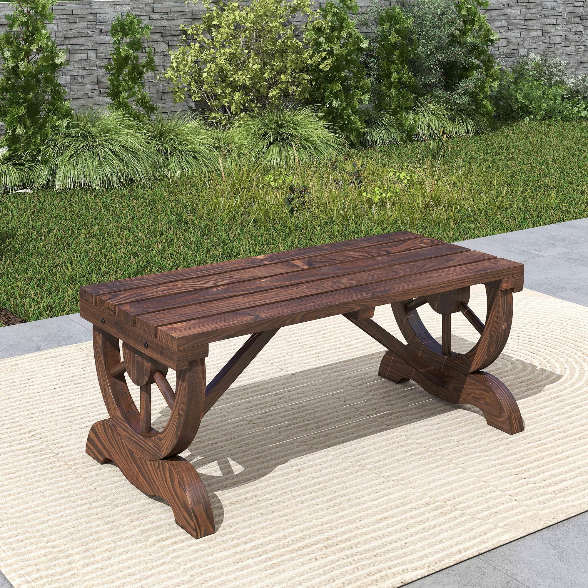 Outsunny Panchina da Giardino da 2 Posti con Design a Ruota, Panchina da Esterno a Doghe in Legno di Abete, Panca per Terrazza Patio e Cortile, 98x50x39.5 cm, Marrone