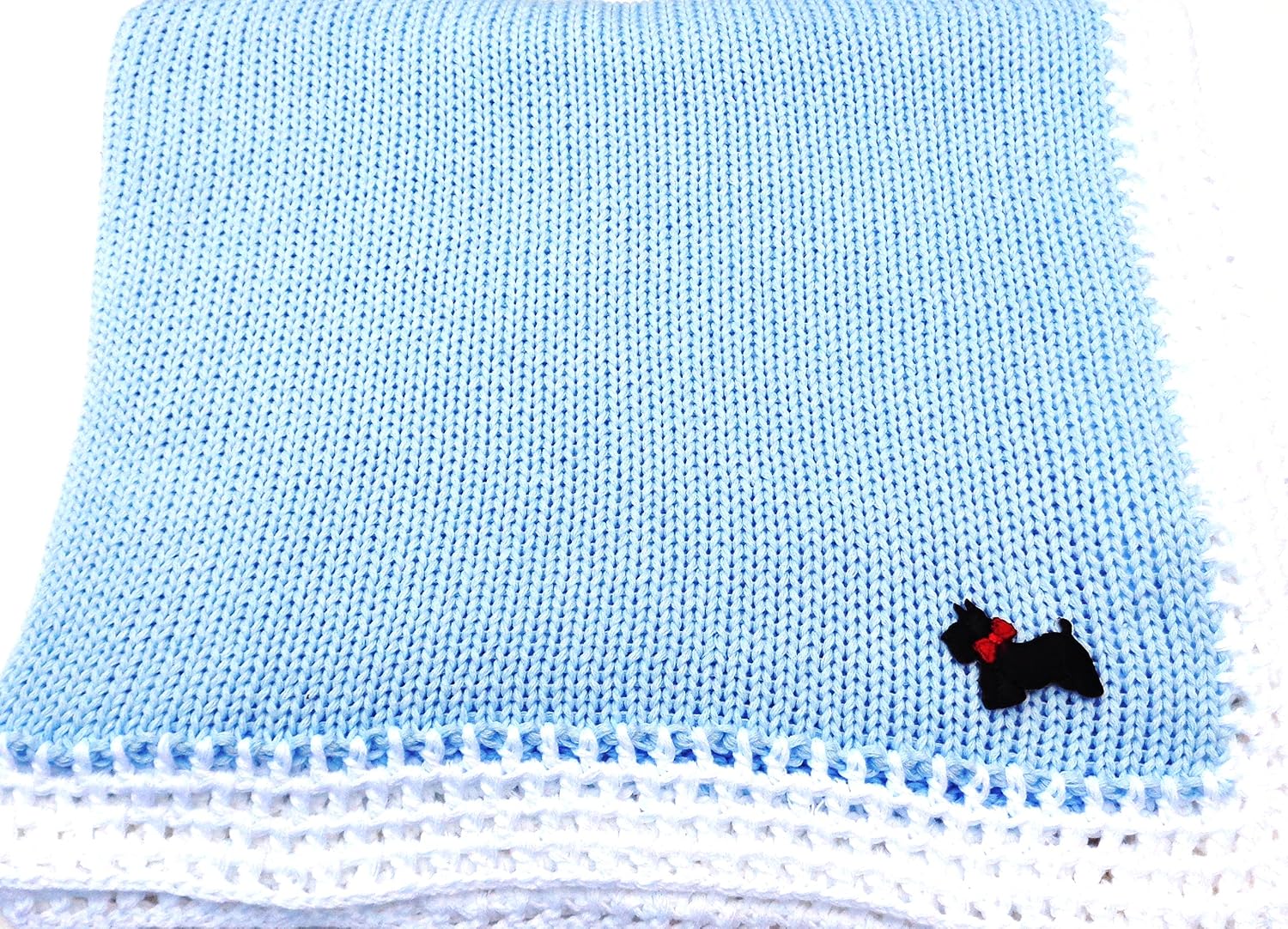 Knitted Crochet Finished Blue Cotton White Trim Baby Blanket with Black Dog
