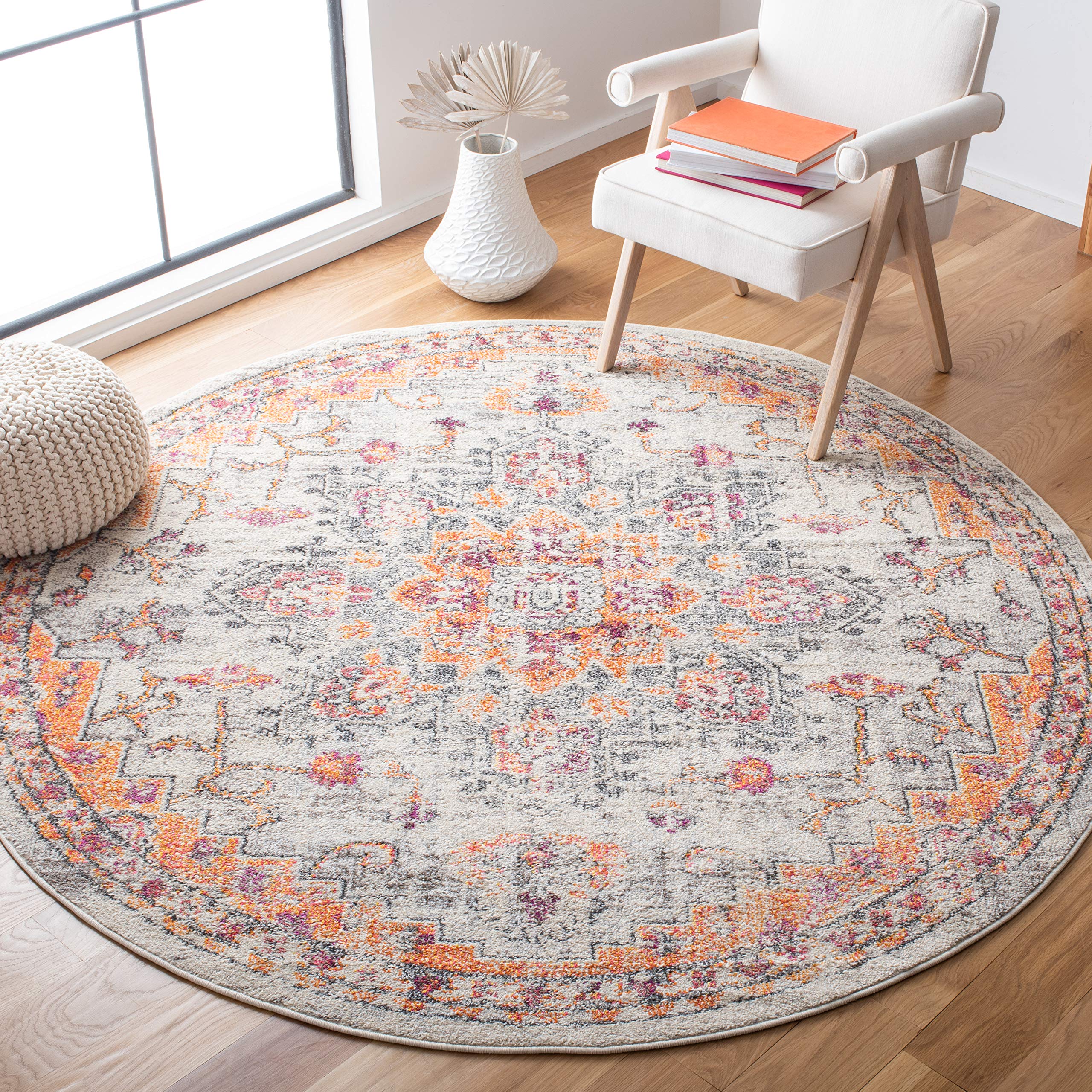 SAFAVIEH Madison Collection Area Rug - 8' Round, Beige & Orange, Boho Chic Distressed Medallion Design, Non-Shedding & Easy to Clean, Ideal for Living