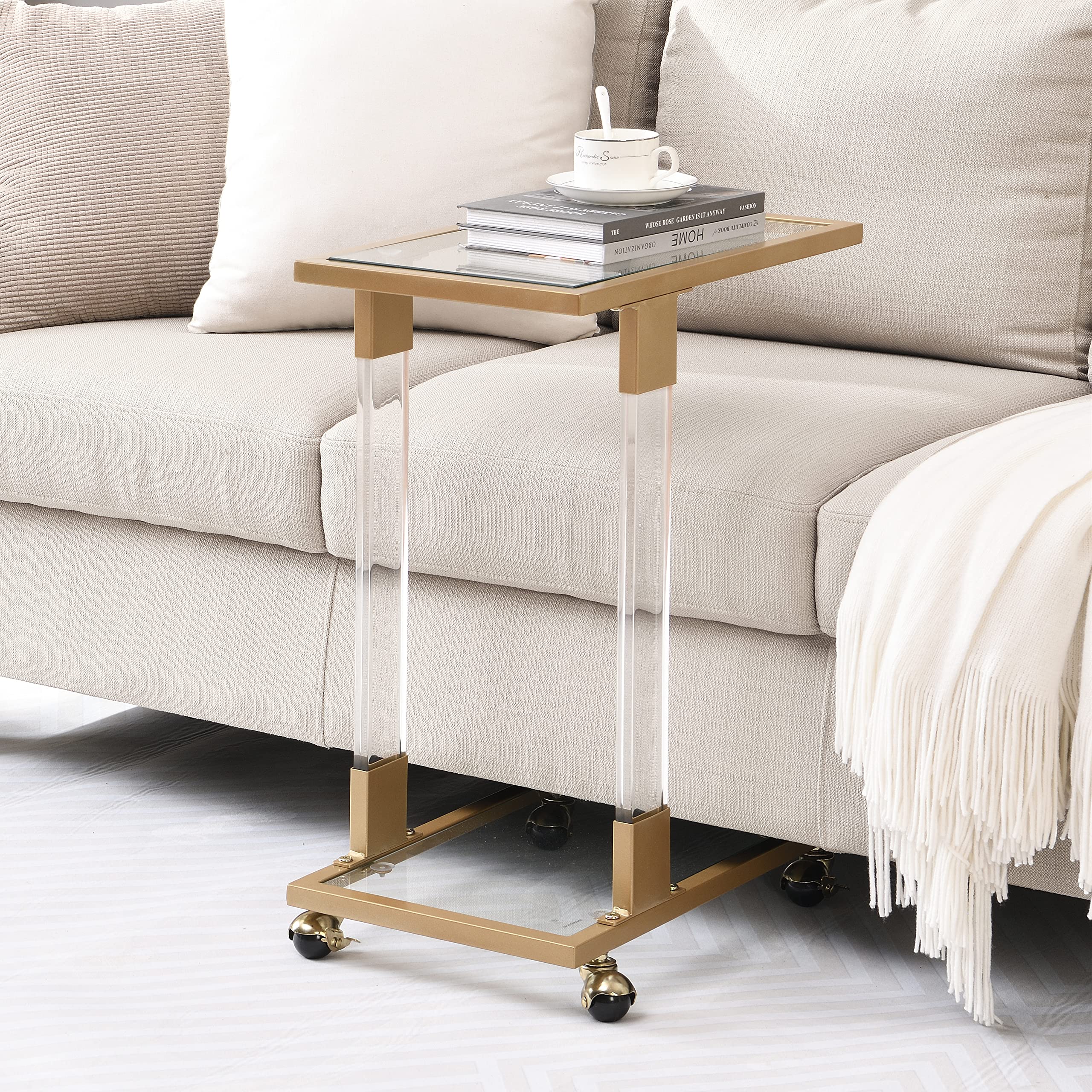 HomVent Modern Acrylic TV Tray Table Rolling Sofa Side Snack Table with Wheels and Tempered Glass Top Portable C-Shape Dinner Tray Tables Mobile Laptop Desk Beside Couch Bed (Gold)